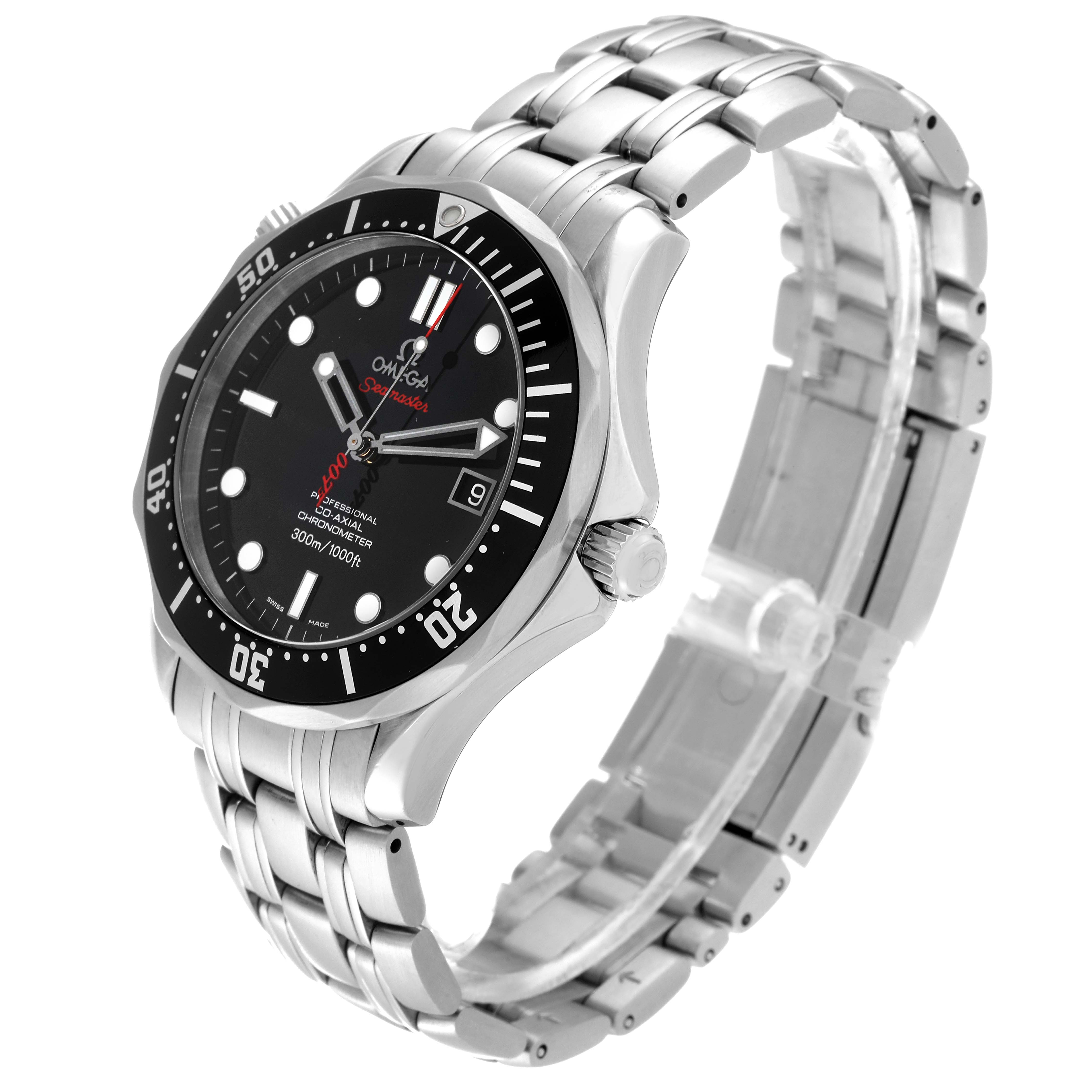 This image shows an angled view of the Omega Seamaster 212.30.41.20.01.001 Men's Stainless Steel Black Dial 212.30.41.20.01.001 Men's Stainless Steel Black Dial watch, displaying the face, bezel, crown, and metal bracelet.