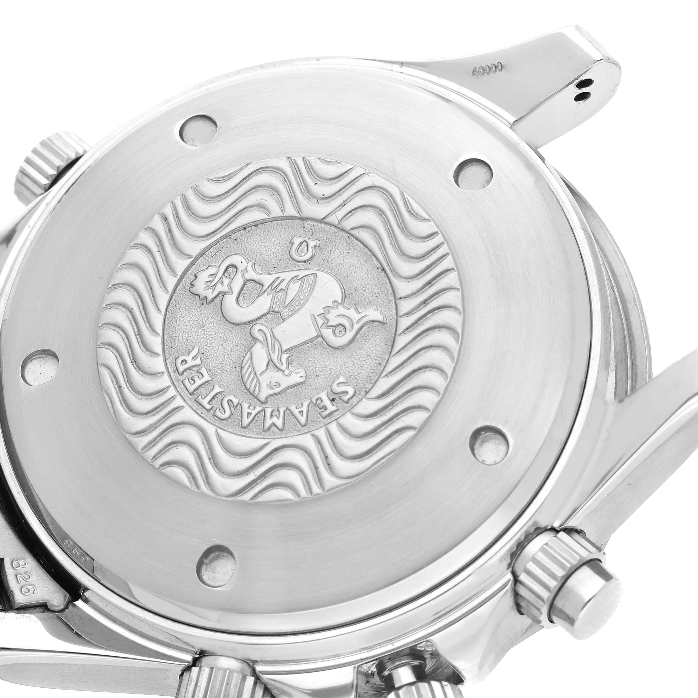 The image shows the back case of an Omega Seamaster 2598.80.00 Men
s Stainless Steel Blue Dial 2598.80.00 Men
s Stainless Steel Blue Dial, highlighting the engraved emblem and surrounding details.