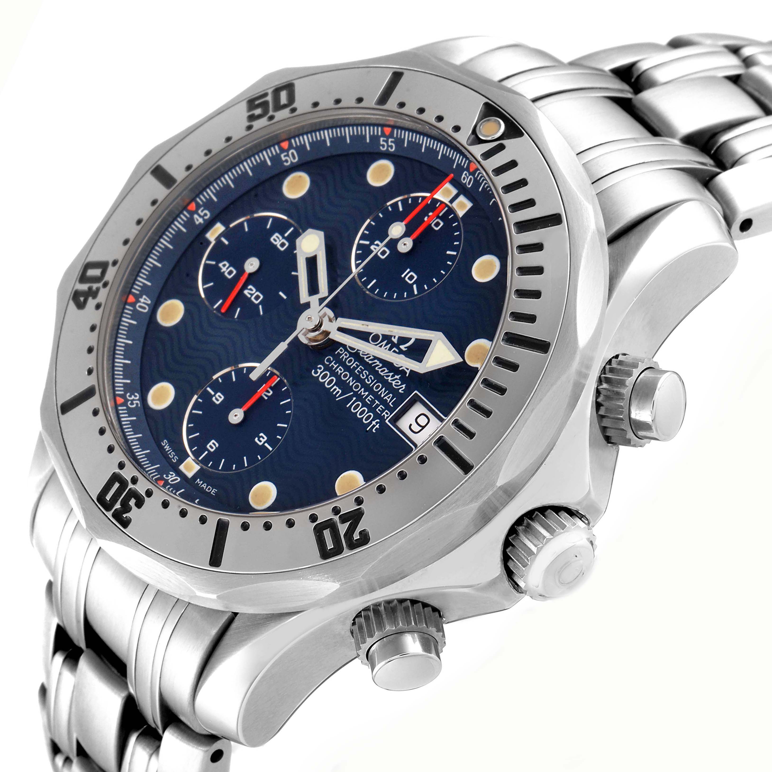 The Omega Seamaster 2598.80.00 Men
s Stainless Steel Blue Dial 2598.80.00 Men
s Stainless Steel Blue Dial watch is viewed at an angle showing the face, bezel, crown, pushers, and part of the bracelet.