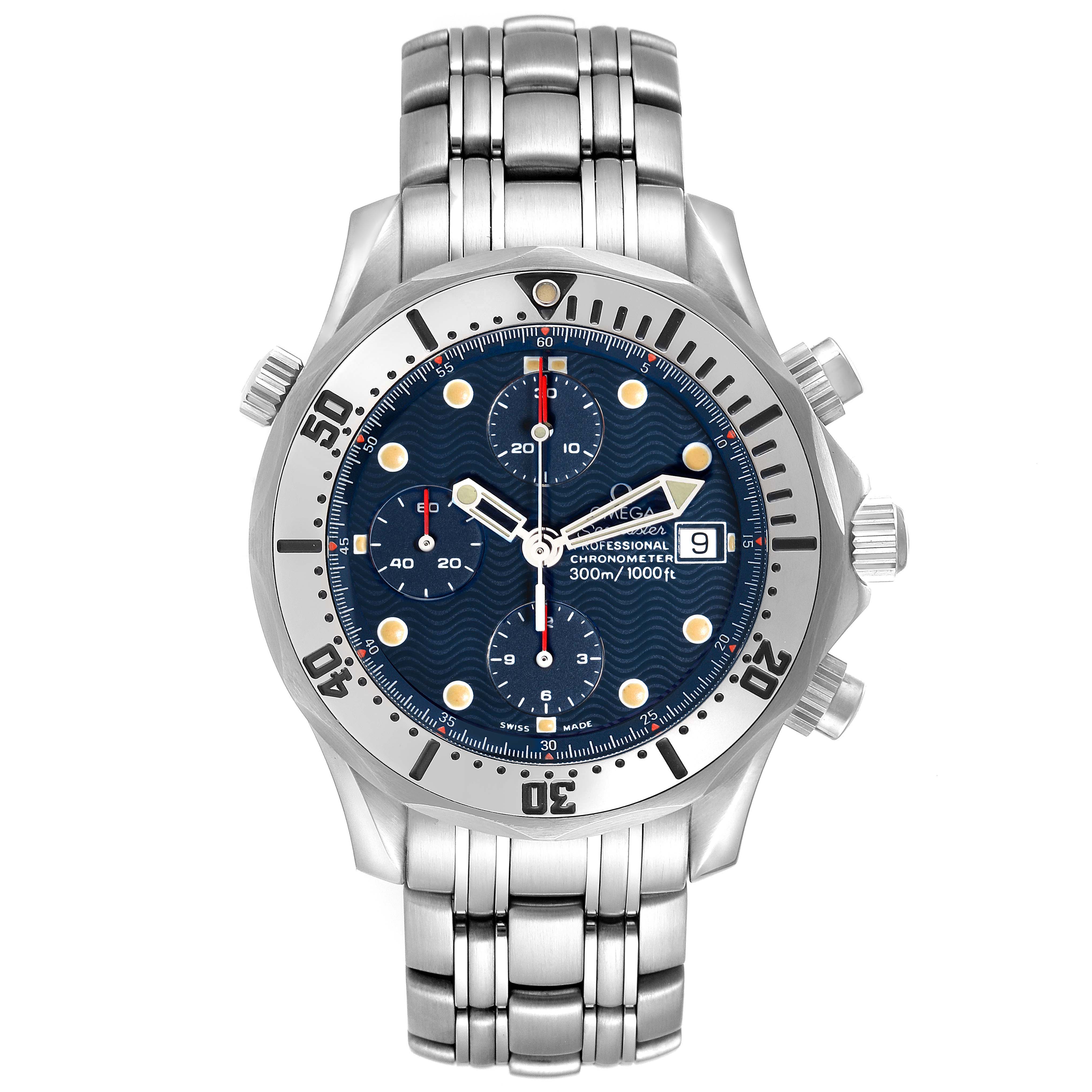 The Omega Seamaster 2598.80.00 Men
s Stainless Steel Blue Dial 2598.80.00 Men
s Stainless Steel Blue Dial watch is shown from a front angle, displaying the dial, bezel, bracelet, and side buttons.