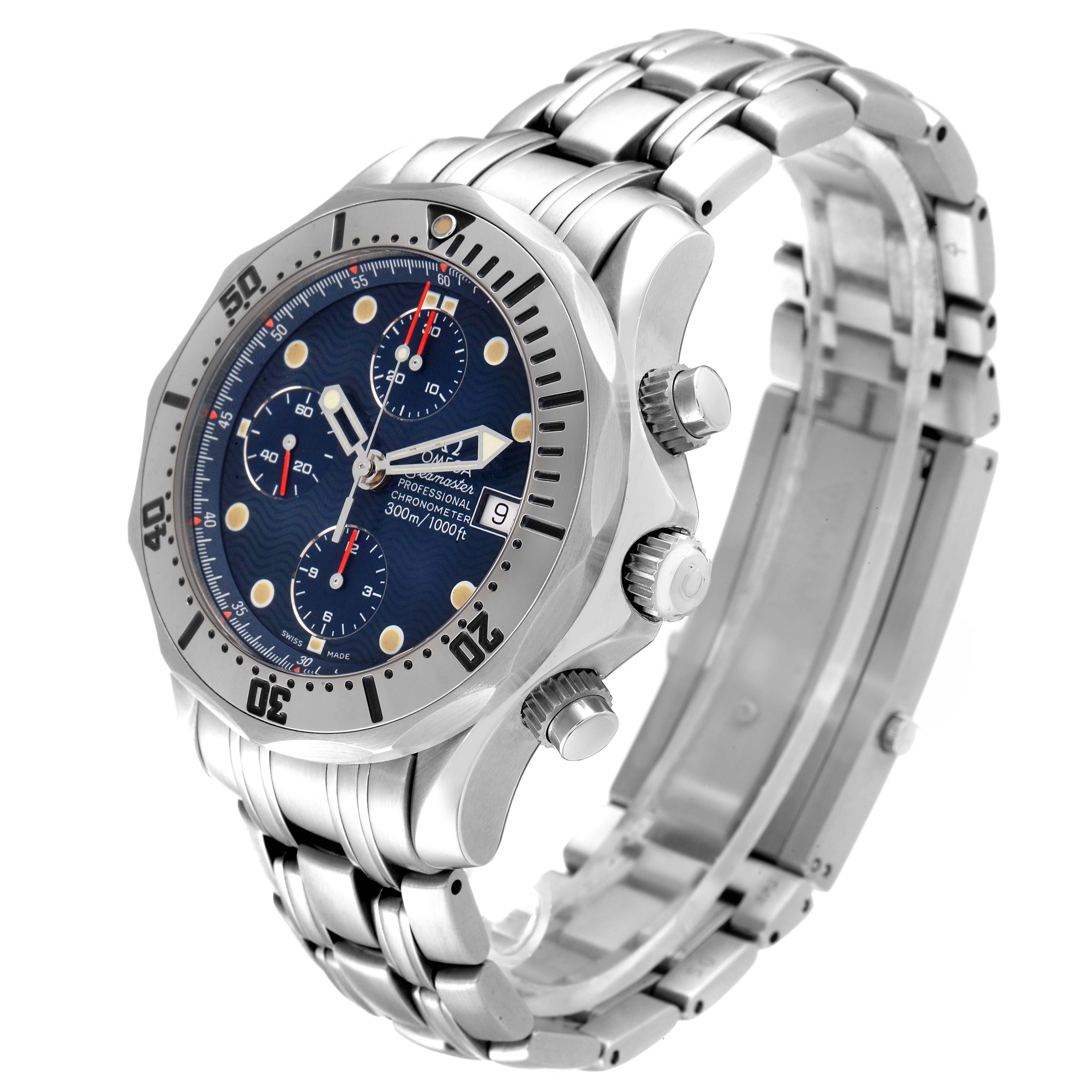 The Omega Seamaster 2598.80.00 Men
s Stainless Steel Blue Dial 2598.80.00 Men
s Stainless Steel Blue Dial watch is displayed at a three-quarter angle, showing the face, bezel, crown, chronograph buttons, and bracelet.