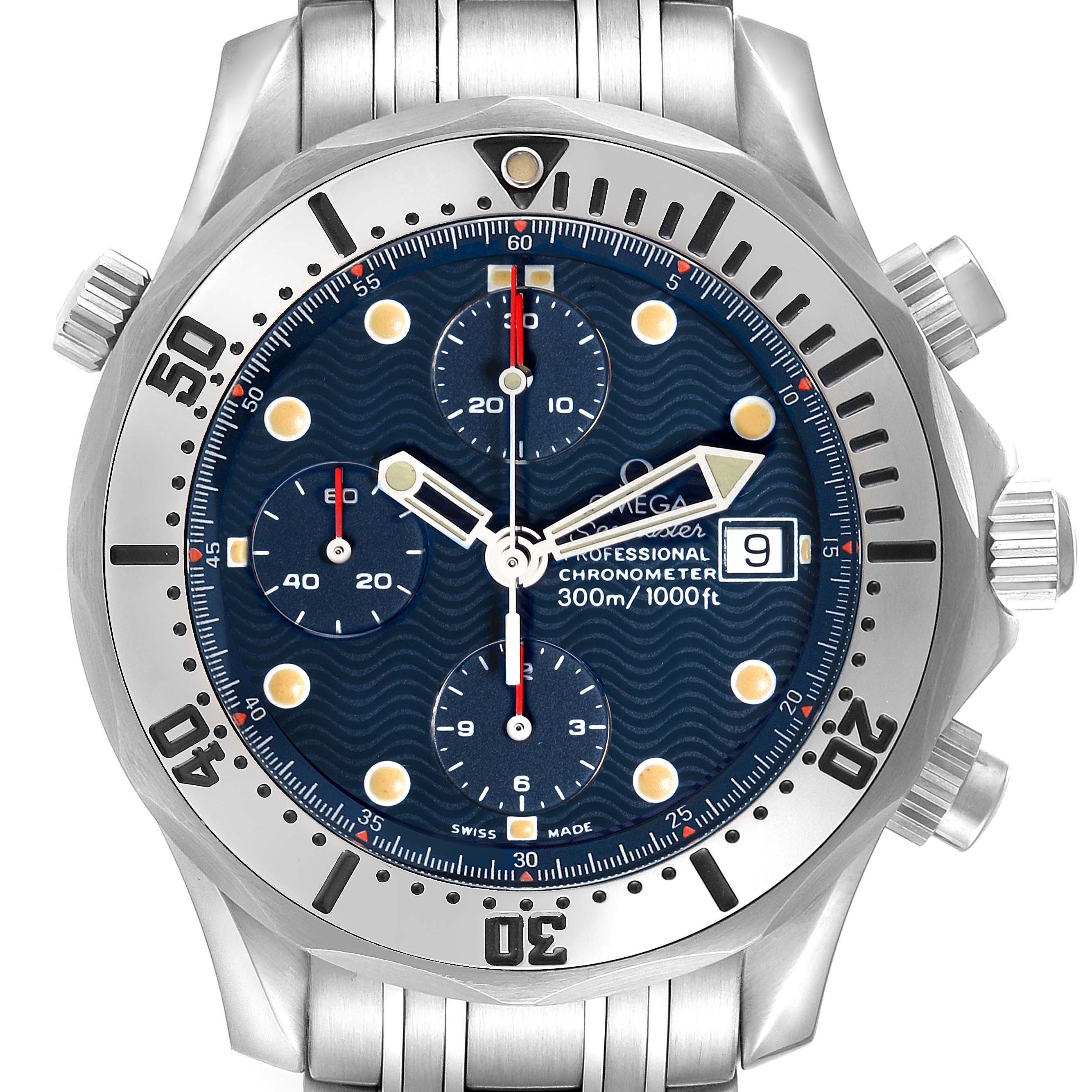 The Omega Seamaster 2598.80.00 Men
s Stainless Steel Blue Dial 2598.80.00 Men
s Stainless Steel Blue Dial watch is shown from the front, highlighting its dial, bezel, chronograph subdials, and date window.