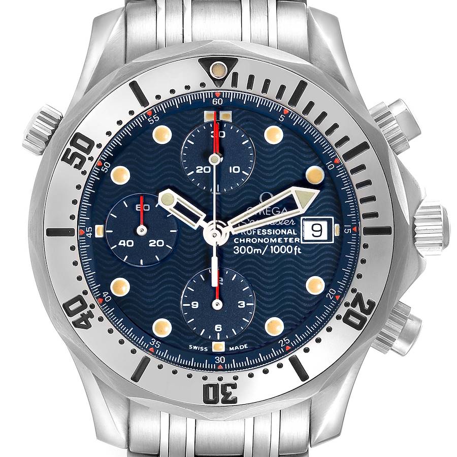 The Omega Seamaster watch is shown from the front, highlighting its dial, bezel, chronograph subdials, and date window.