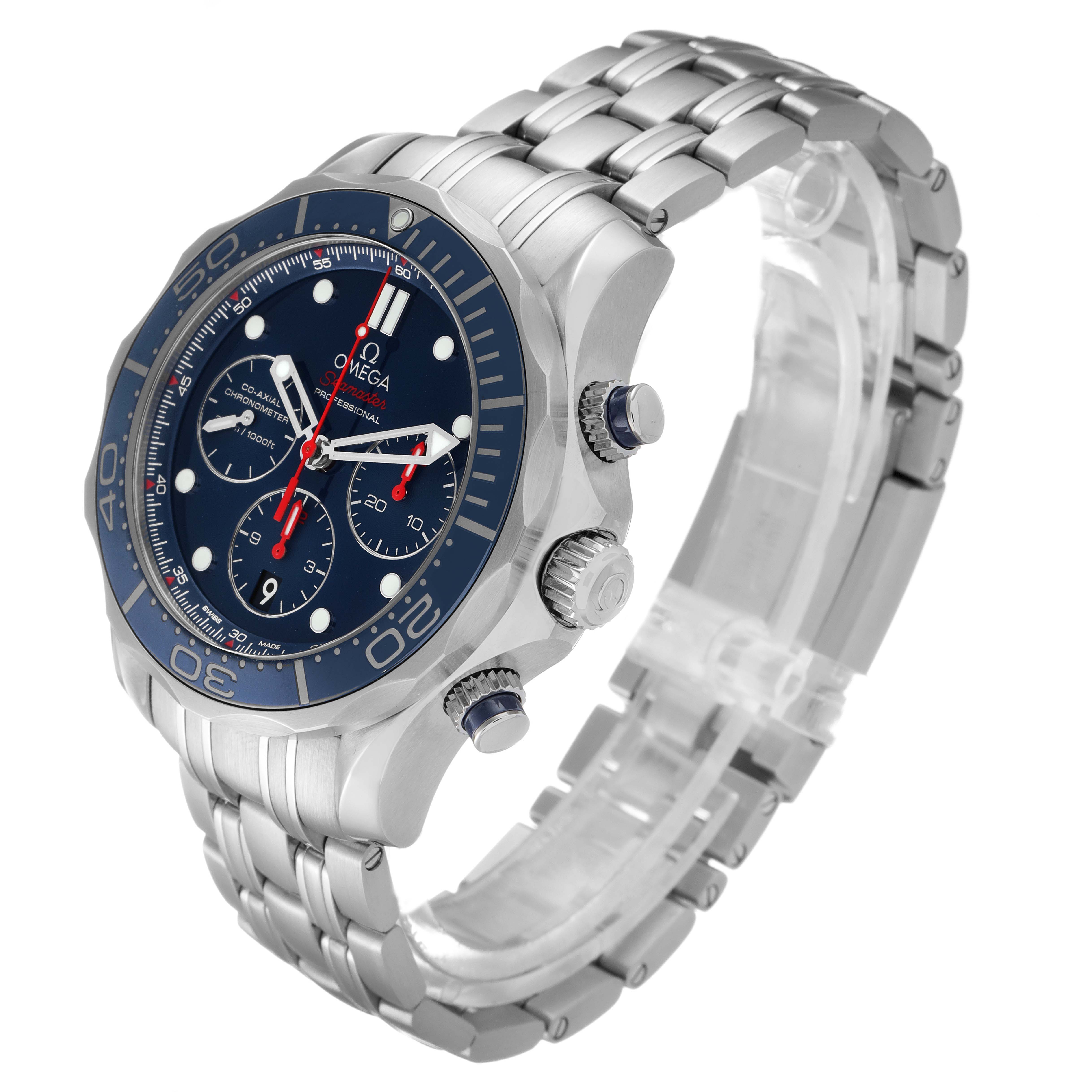 The image shows an angled side view of the Omega Seamaster 212.30.44.50.03.001 Men
s Stainless Steel Blue Dial 212.30.44.50.03.001 Men
s Stainless Steel Blue Dial watch, highlighting the bezel, crown, pushers, and stainless steel bracelet.