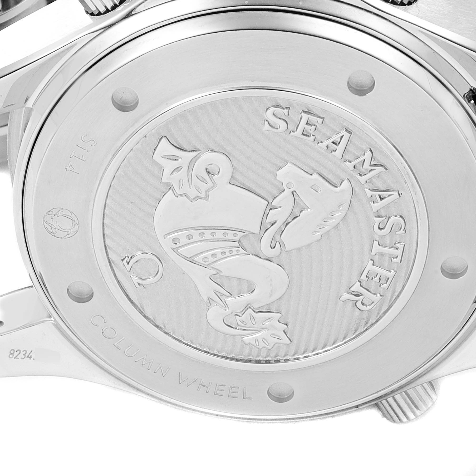 This is a close-up of the Omega Seamaster 212.30.44.50.03.001 Men
s Stainless Steel Blue Dial 212.30.44.50.03.001 Men
s Stainless Steel Blue Dial watch case back, showing engravings and the model name.