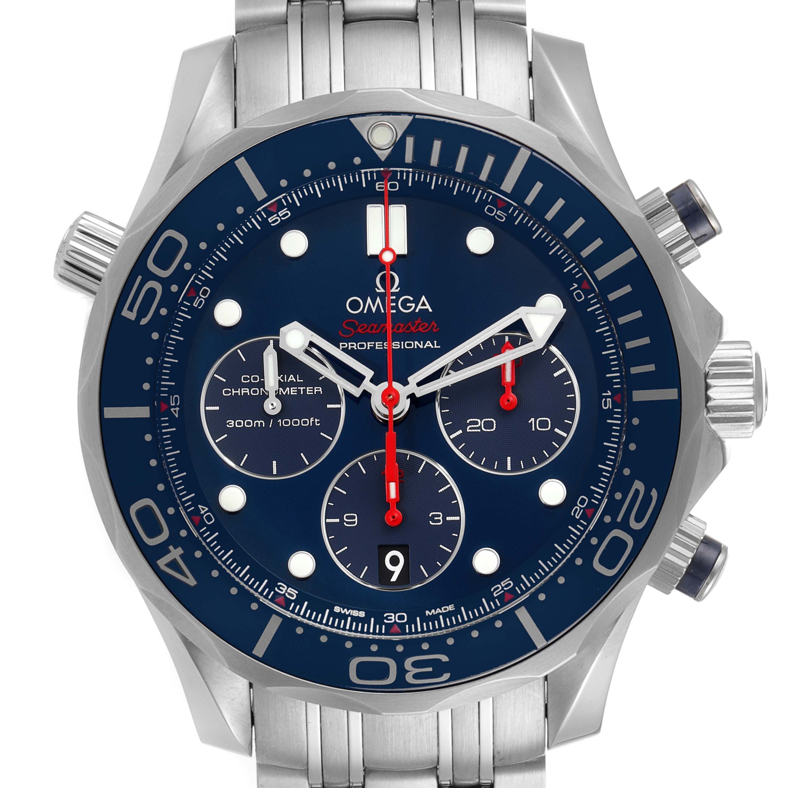 This is a front-angle view of an Omega Seamaster 212.30.44.50.03.001 Men
s Stainless Steel Blue Dial 212.30.44.50.03.001 Men
s Stainless Steel Blue Dial watch, revealing its blue dial, chronograph, and stainless steel bracelet.