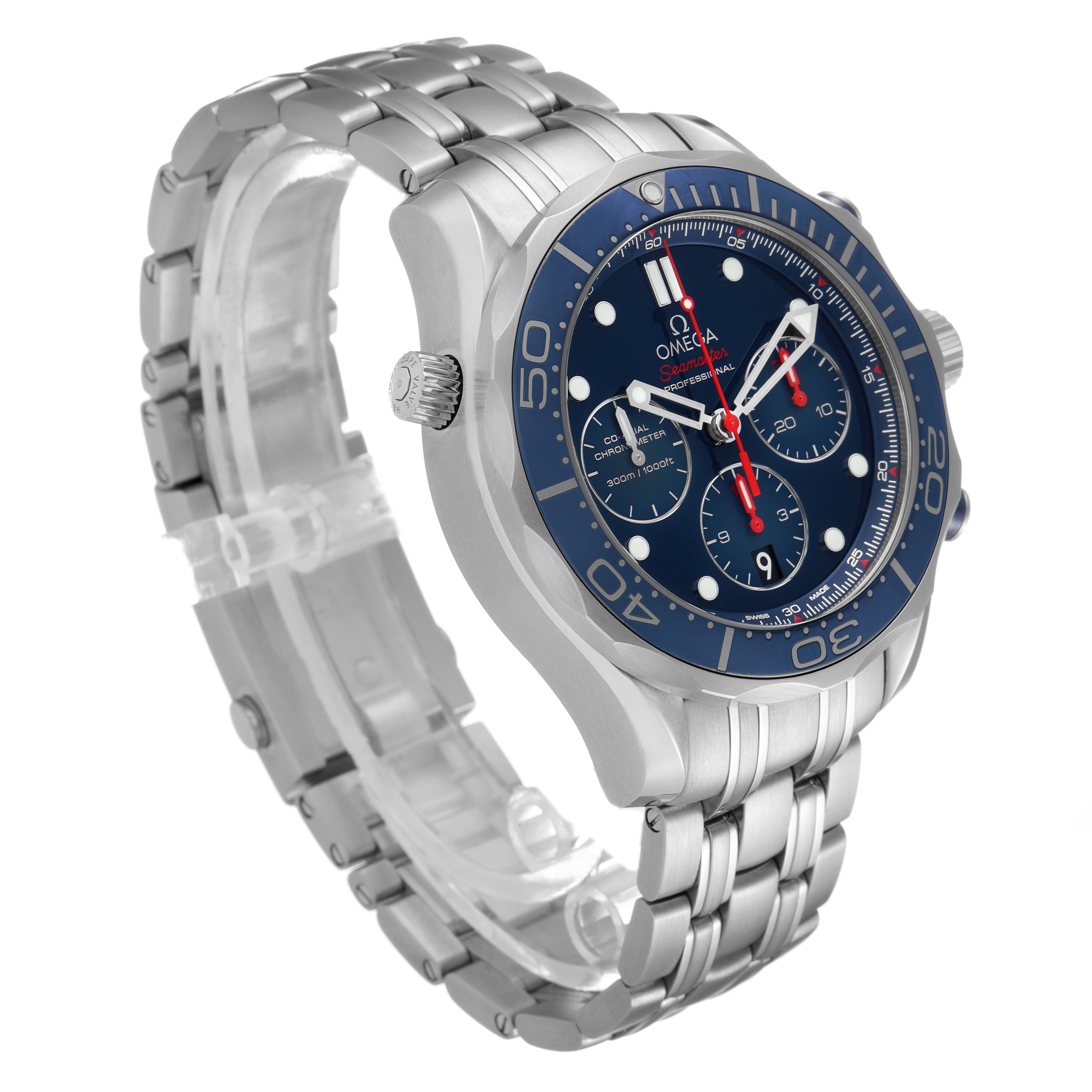 The image shows a side-angle view of an Omega Seamaster 212.30.44.50.03.001 Men
s Stainless Steel Blue Dial 212.30.44.50.03.001 Men
s Stainless Steel Blue Dial watch, highlighting its stainless steel bracelet, blue bezel, and chronograph dial.