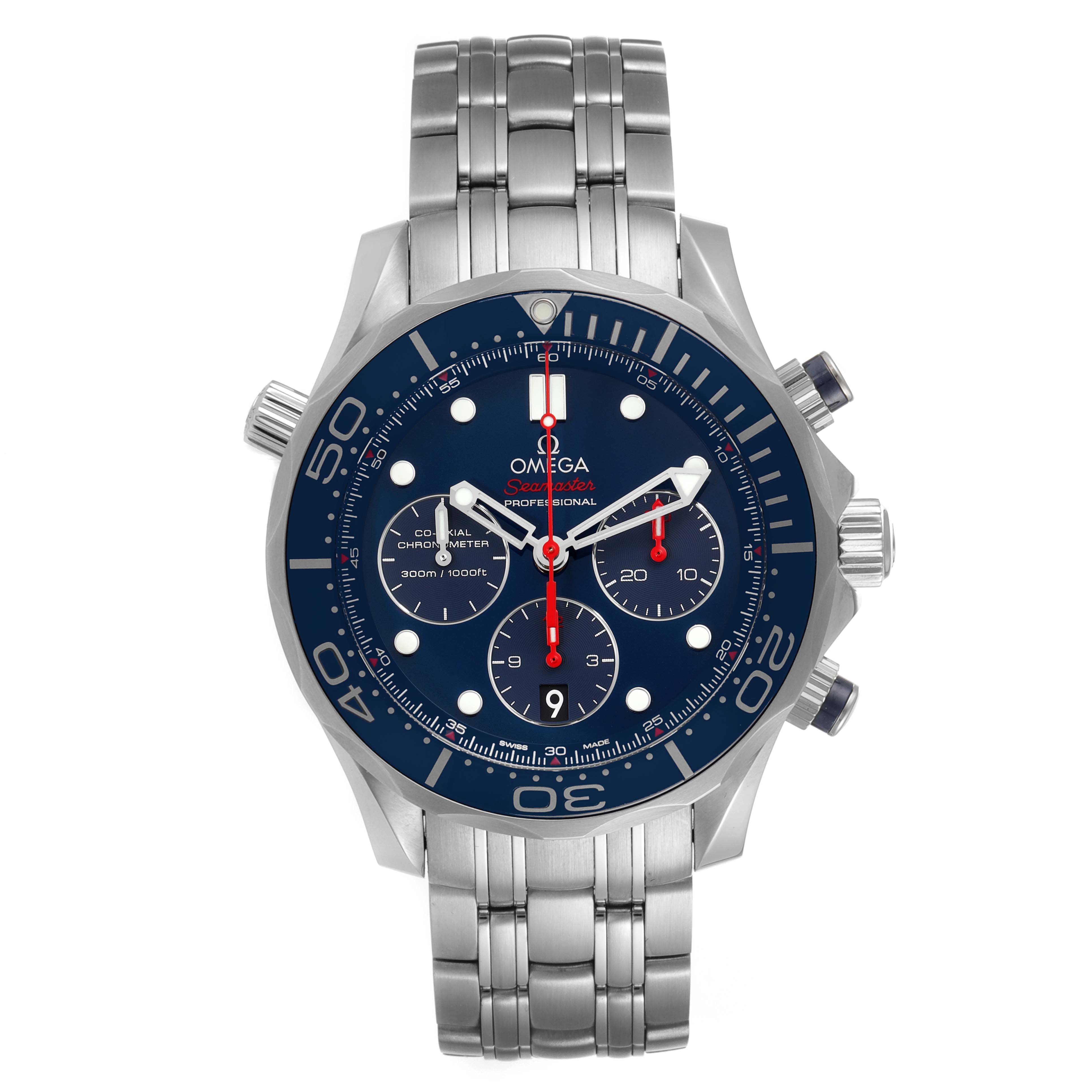 The image shows a front view of the Omega Seamaster 212.30.44.50.03.001 Men
s Stainless Steel Blue Dial 212.30.44.50.03.001 Men
s Stainless Steel Blue Dial watch, displaying its face, bezel, pushers, and bracelet.