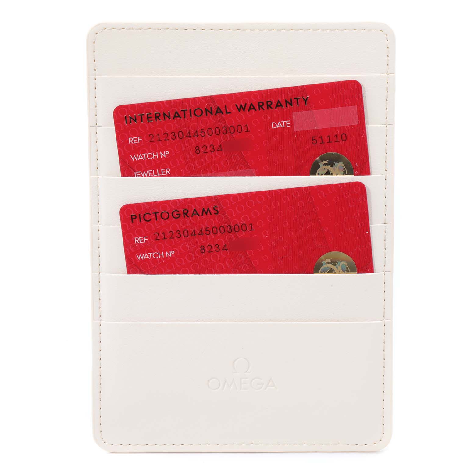 The image shows a front view of an Omega Seamaster 212.30.44.50.03.001 Men
s Stainless Steel Blue Dial 212.30.44.50.03.001 Men
s Stainless Steel Blue Dial model
s international warranty and pictograms cards in a white cardholder.