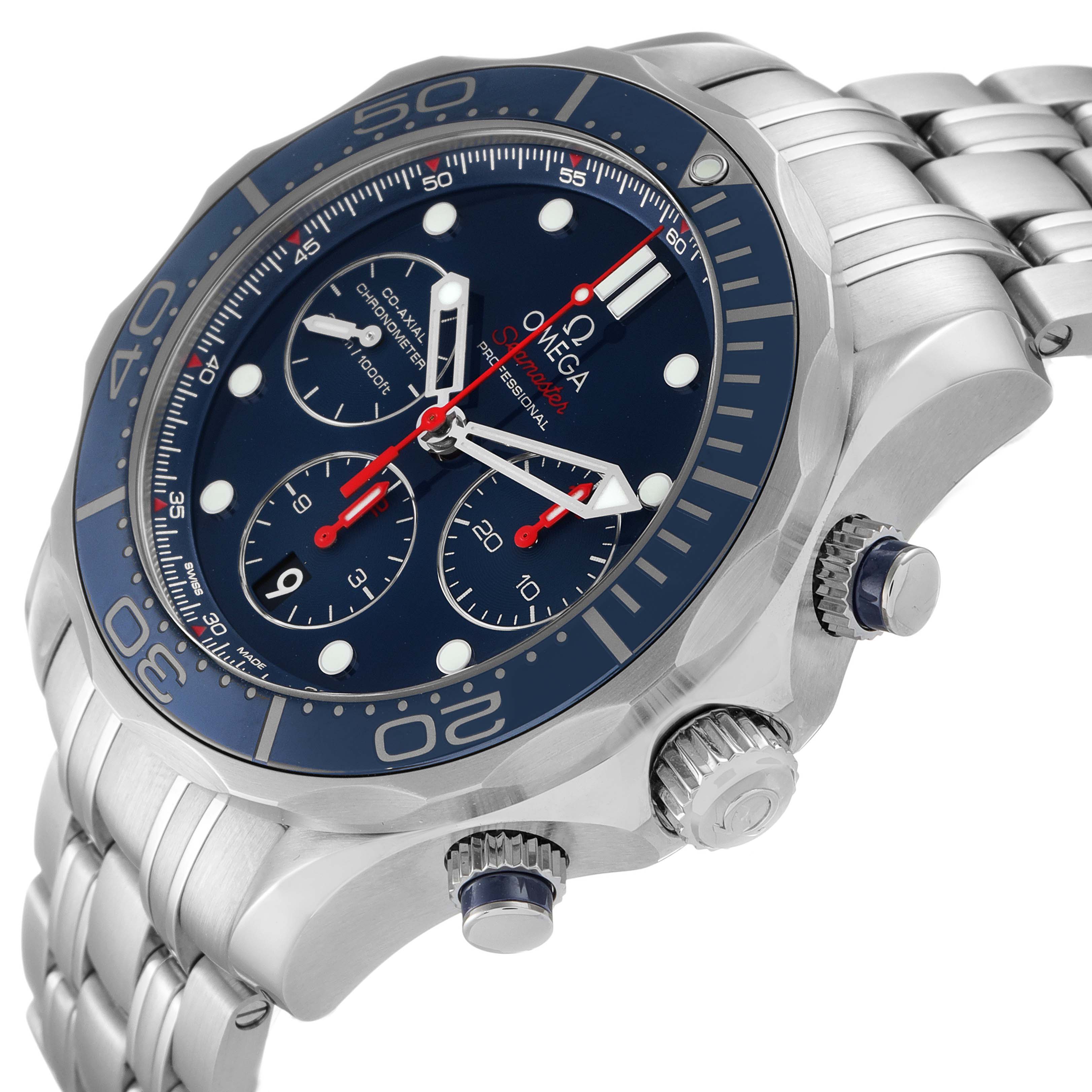 The image shows an angled view of the Omega Seamaster 212.30.44.50.03.001 Men
s Stainless Steel Blue Dial 212.30.44.50.03.001 Men
s Stainless Steel Blue Dial watch, highlighting the dial, bezel, crown, and part of the bracelet.