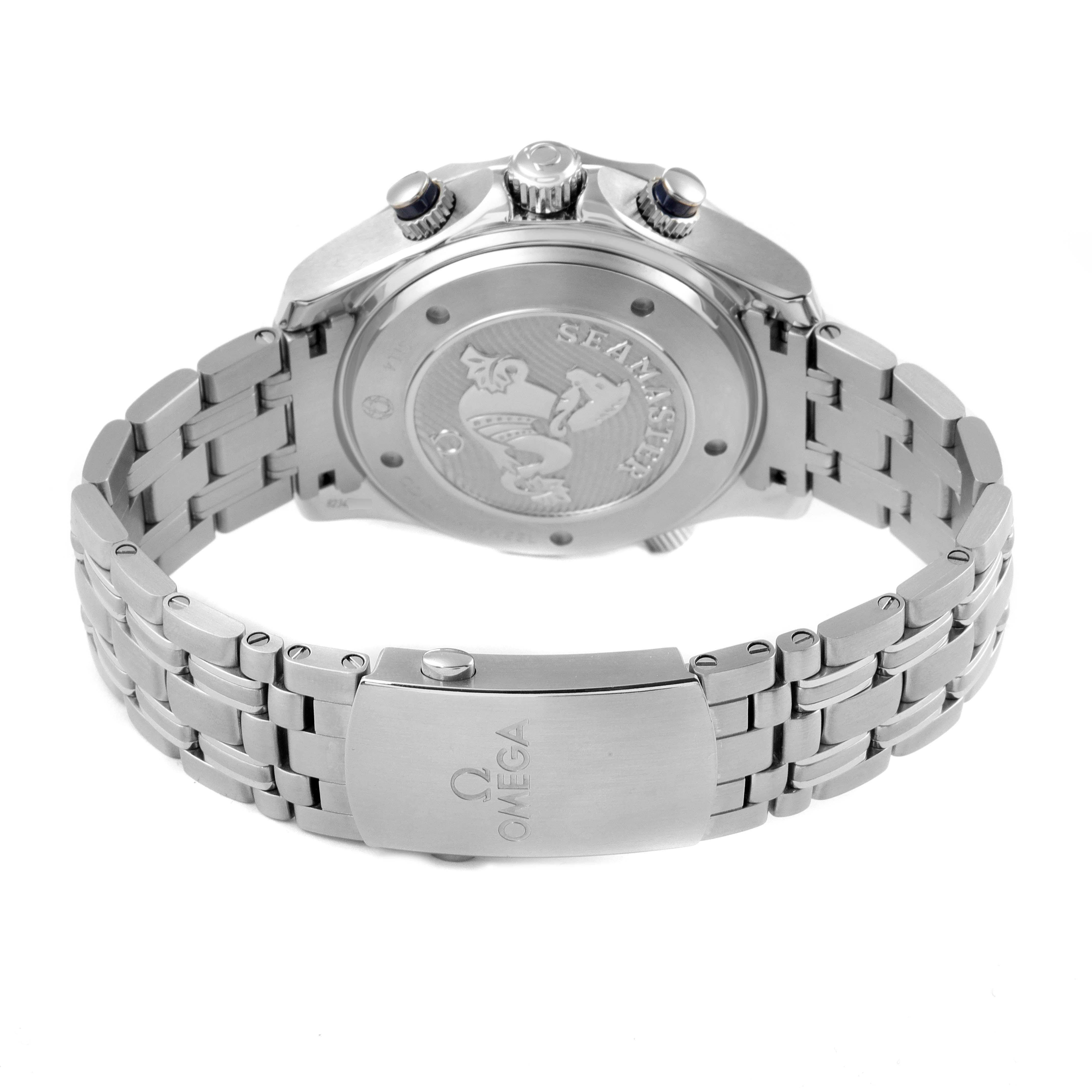 The image shows the back and clasp of an Omega Seamaster 212.30.44.50.03.001 Men
s Stainless Steel Blue Dial 212.30.44.50.03.001 Men
s Stainless Steel Blue Dial watch from a rear angle.