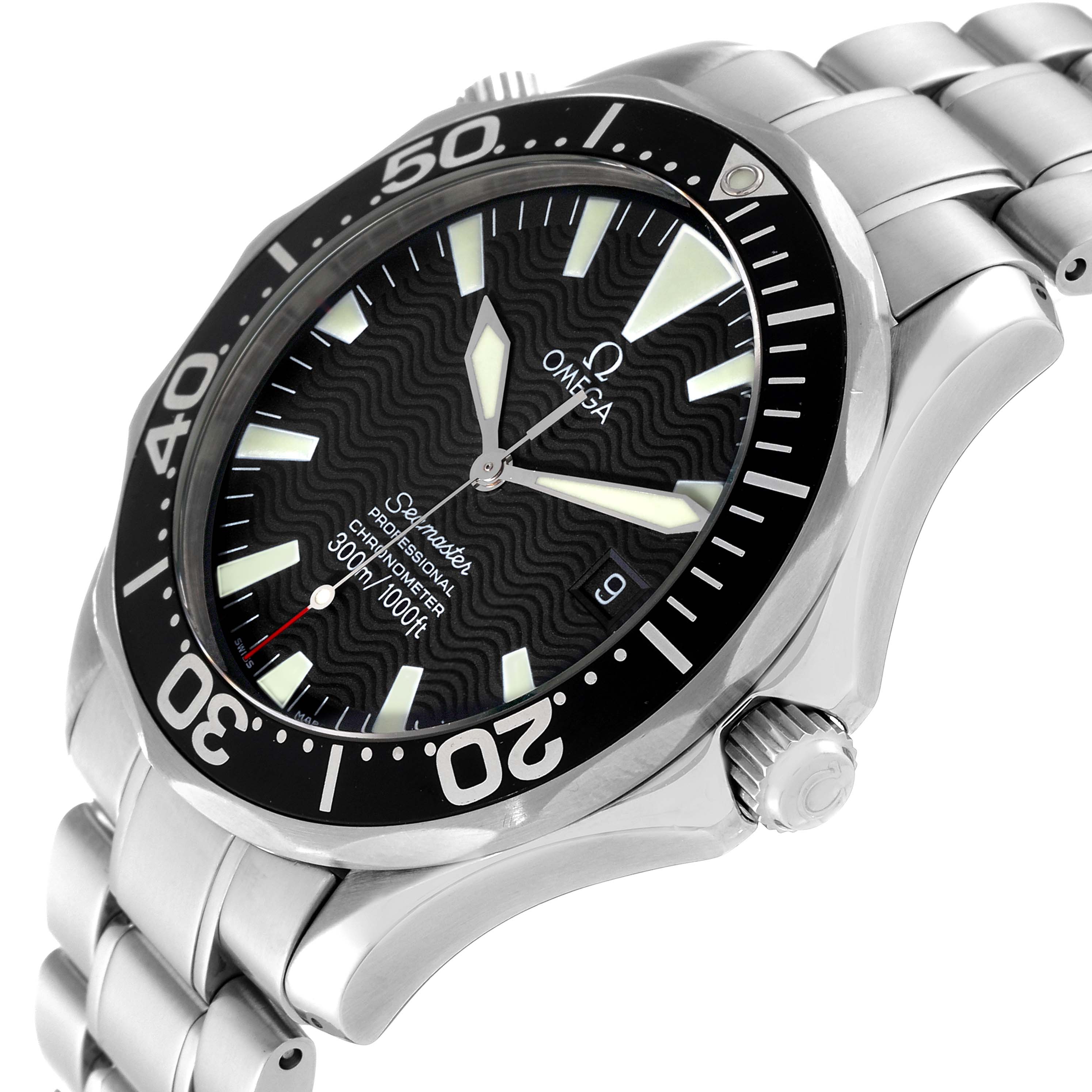 The Omega Seamaster 2254.50.00 Men
s Stainless Steel Black Dial 2254.50.00 Men
s Stainless Steel Black Dial watch is shown in a close-up, three-quarter view, highlighting the face, bezel, and part of the bracelet.