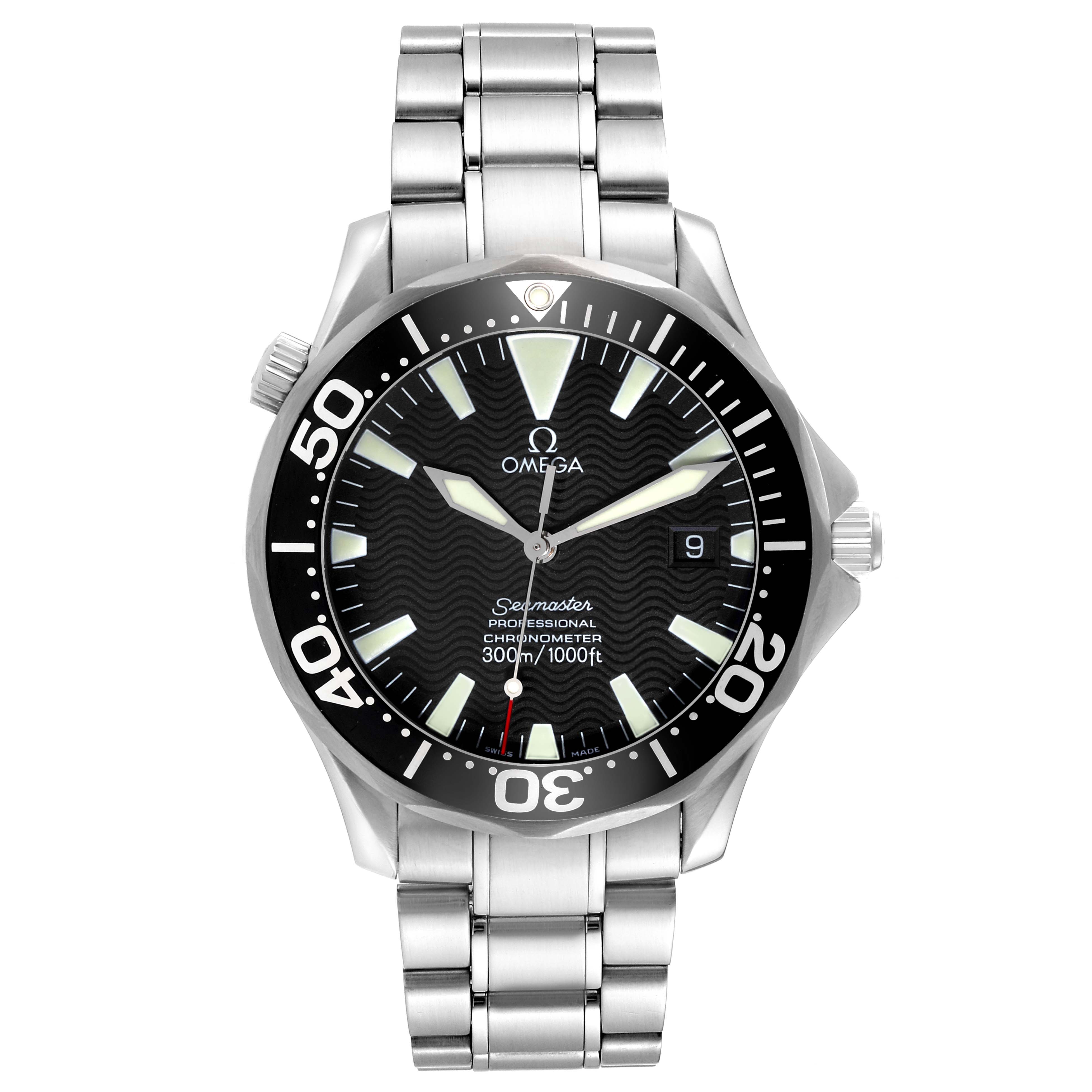 The image shows a front view of the Omega Seamaster 2254.50.00 Men
s Stainless Steel Black Dial 2254.50.00 Men
s Stainless Steel Black Dial watch, featuring its dial, bezel, and stainless steel bracelet.
