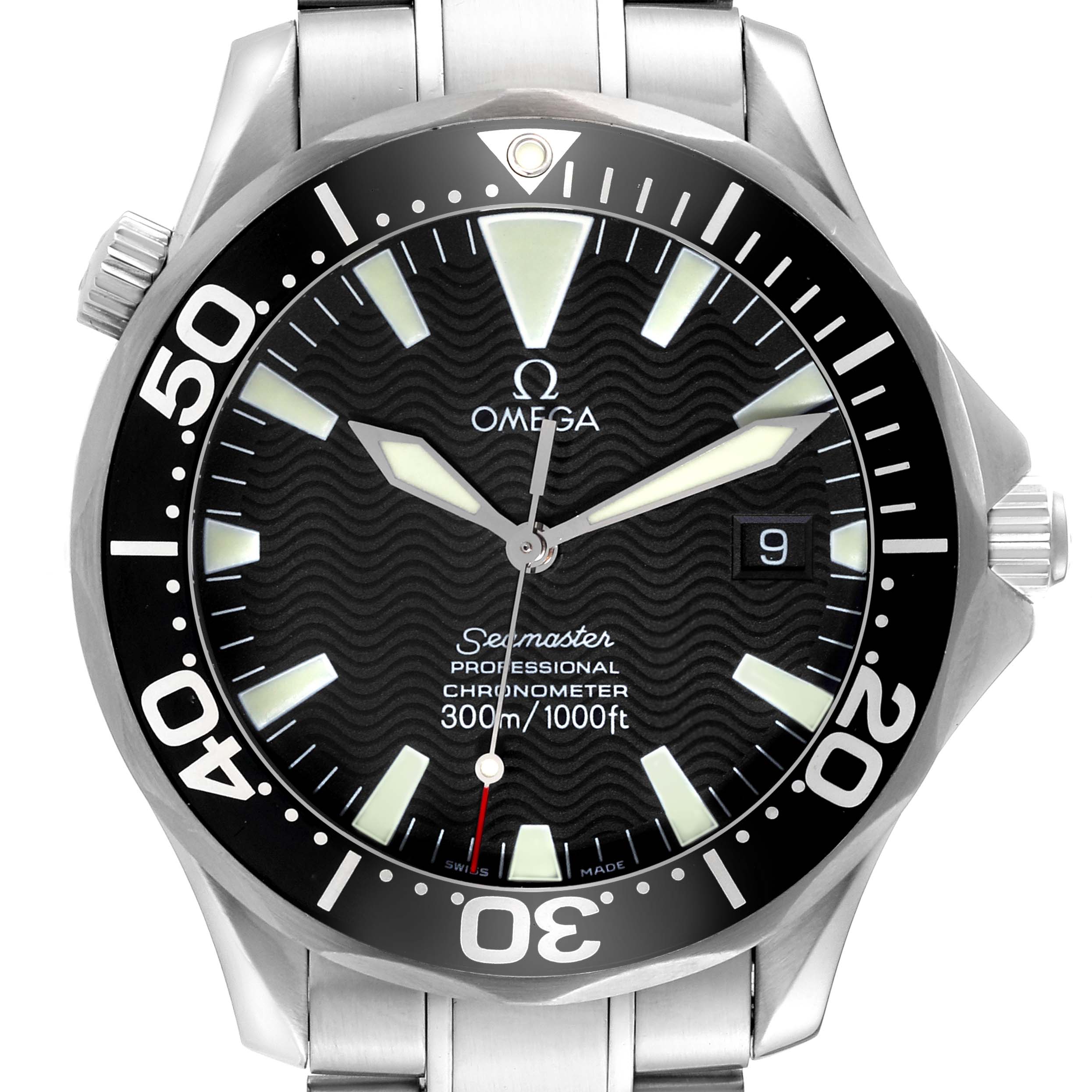 This image shows a front view of an Omega Seamaster 2254.50.00 Men
s Stainless Steel Black Dial 2254.50.00 Men
s Stainless Steel Black Dial watch, highlighting its face, bezel, crown, and part of the bracelet.