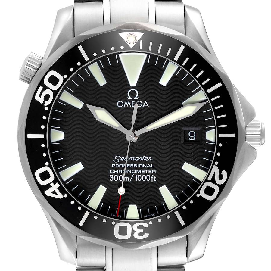 This image shows a front view of an Omega Seamaster watch, highlighting its face, bezel, crown, and part of the bracelet.