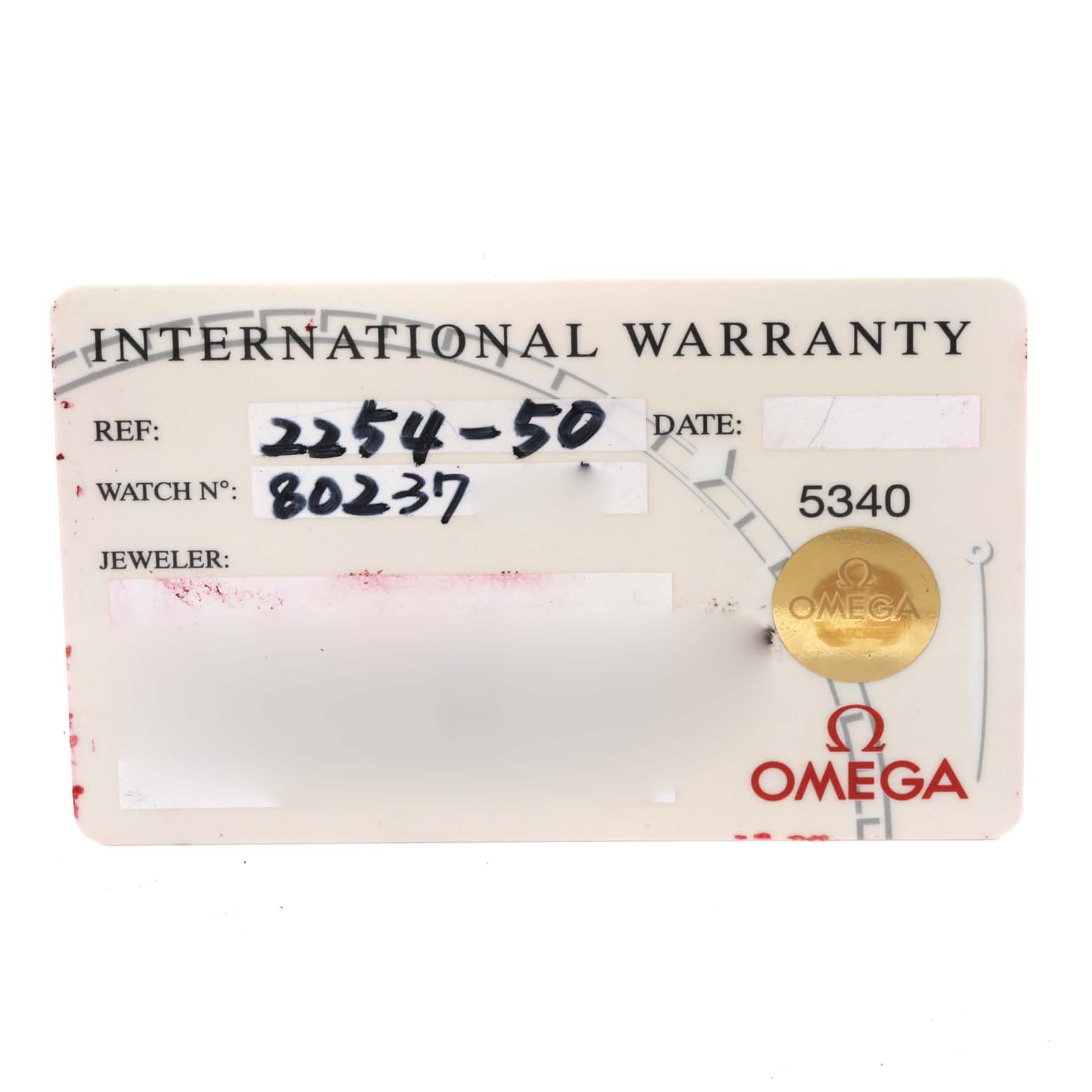 This image shows an Omega International Warranty card for the Seamaster model, displaying the reference number, watch number, and brand logo.