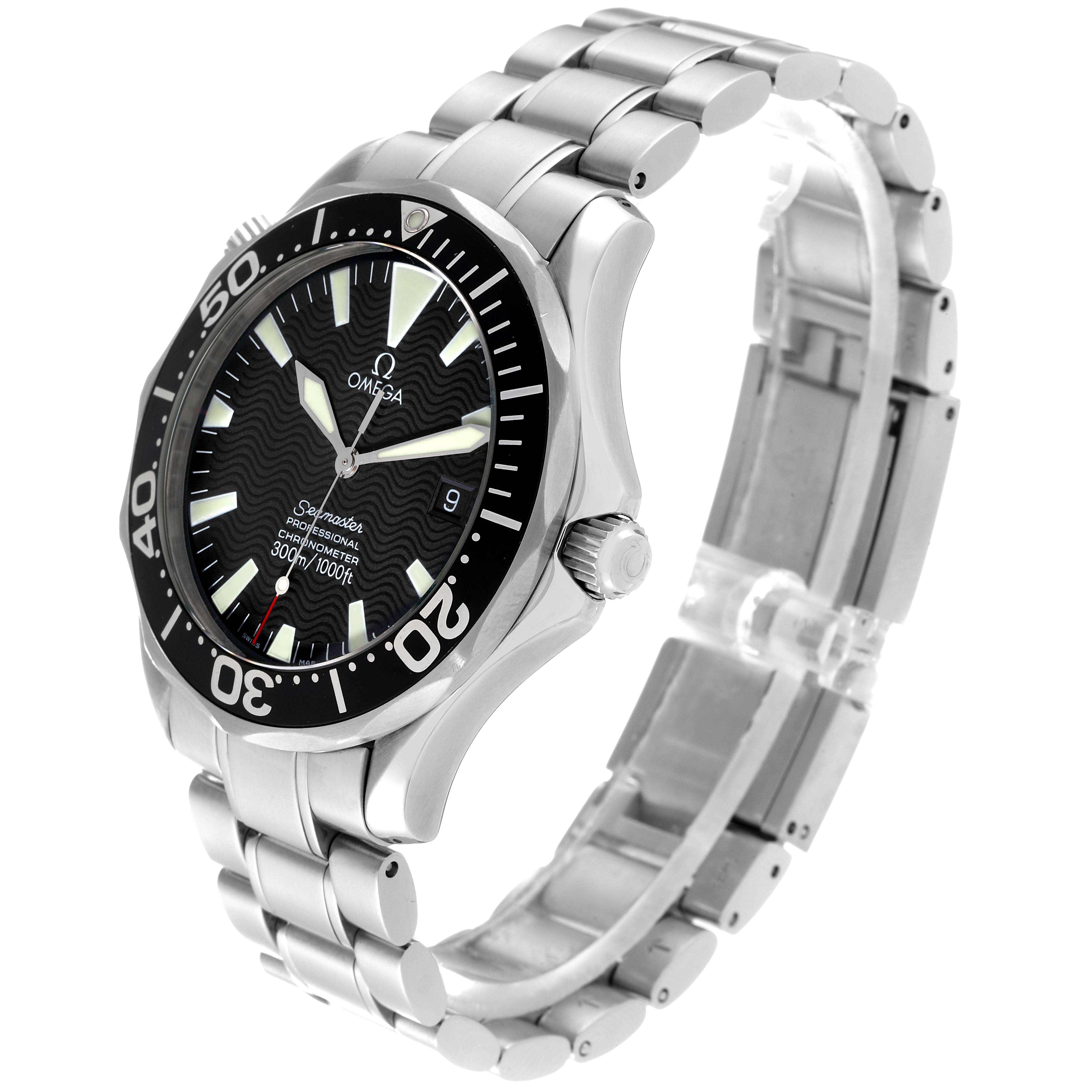 The Omega Seamaster 2254.50.00 Men
s Stainless Steel Black Dial 2254.50.00 Men
s Stainless Steel Black Dial watch is shown at a three-quarter angle, highlighting the face, bezel, crown, and bracelet.