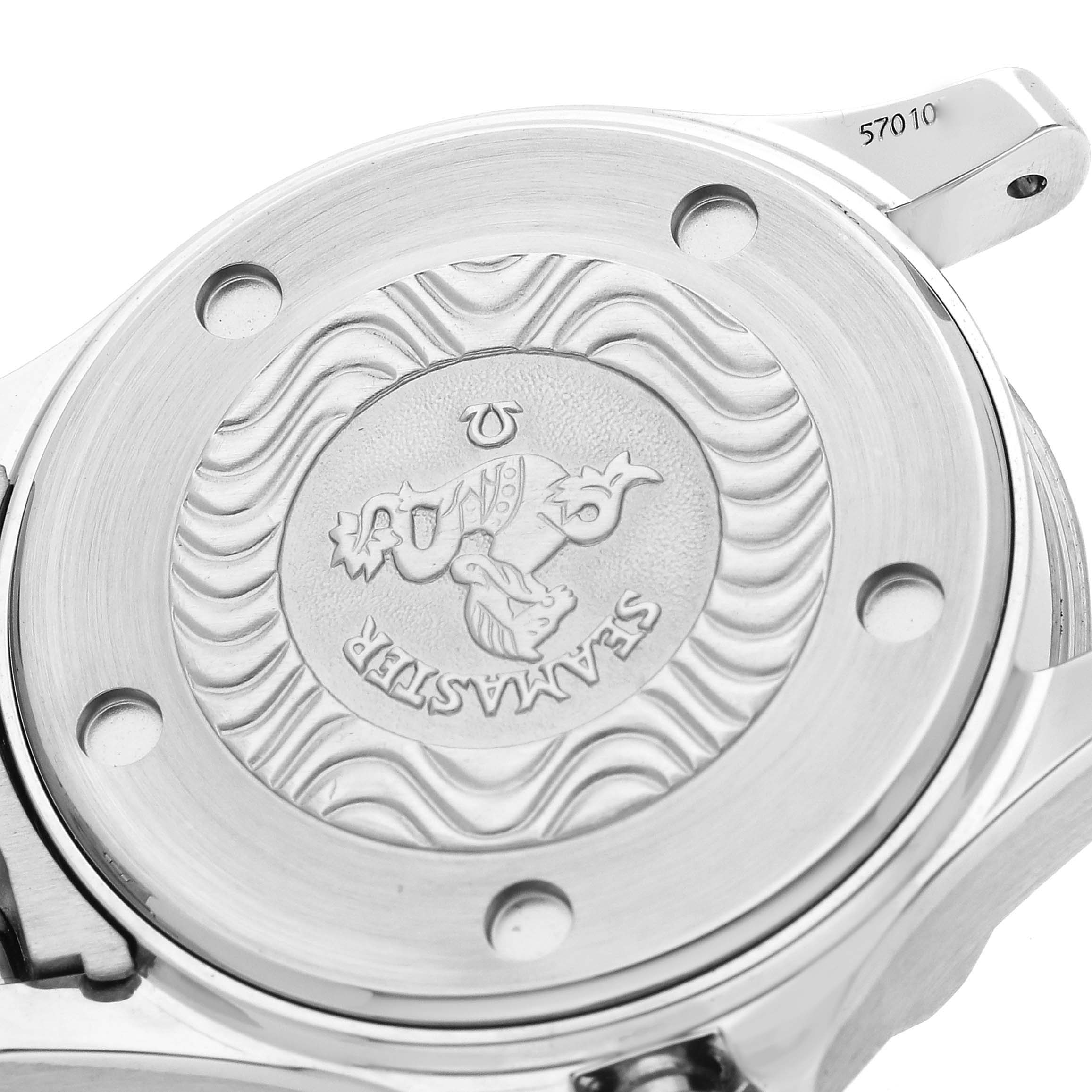 The image shows the back casing of the Omega 2282.50.00 Women's Stainless Steel Black Dial 2282.50.00 Women's Stainless Steel Black Dial Seamaster Diver 300M Quartz 28mm Steel Ladies Watch, model 2282.50.00.