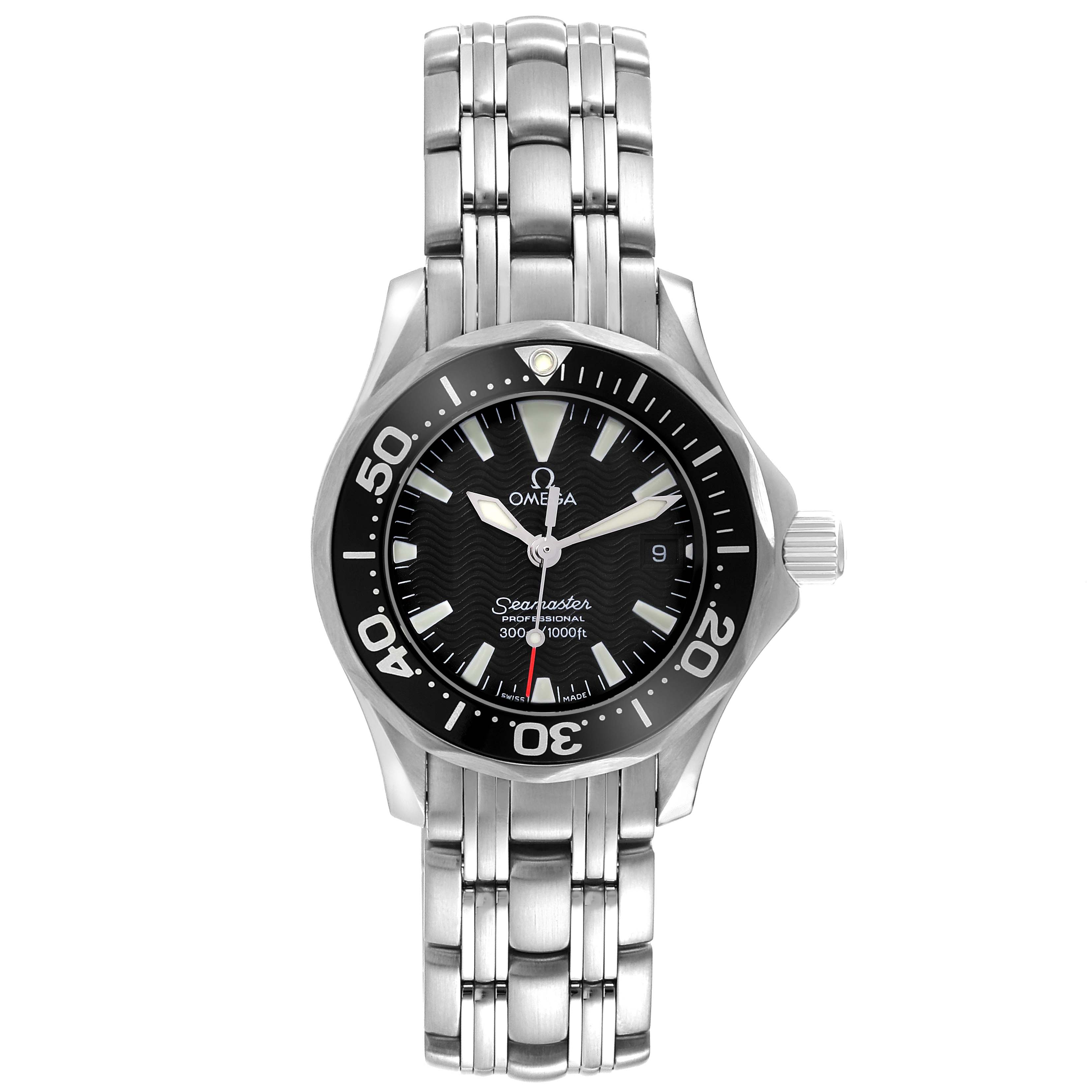 The Omega 2282.50.00 Women's Stainless Steel Black Dial 2282.50.00 Women's Stainless Steel Black Dial Seamaster Diver 300M Quartz 28mm Steel Ladies Watch 2282.50.00 is shown from a top-down angle, displaying the face and bracelet.