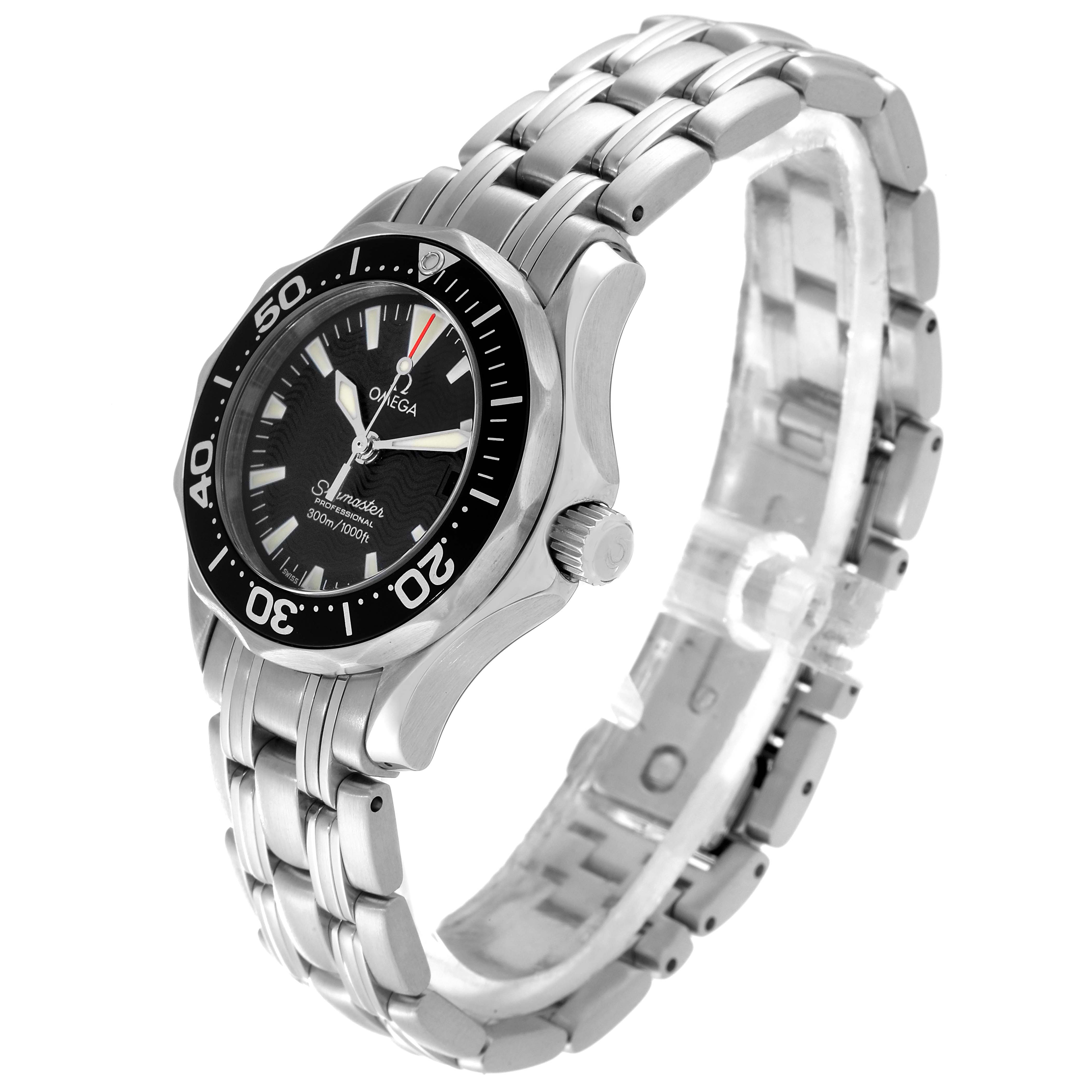 The Omega 2282.50.00 Women's Stainless Steel Black Dial 2282.50.00 Women's Stainless Steel Black Dial Seamaster Diver 300M Quartz 28mm Steel Ladies Watch 2282.50.00 is shown at a slight angle with dial, bezel, and bracelet visible.