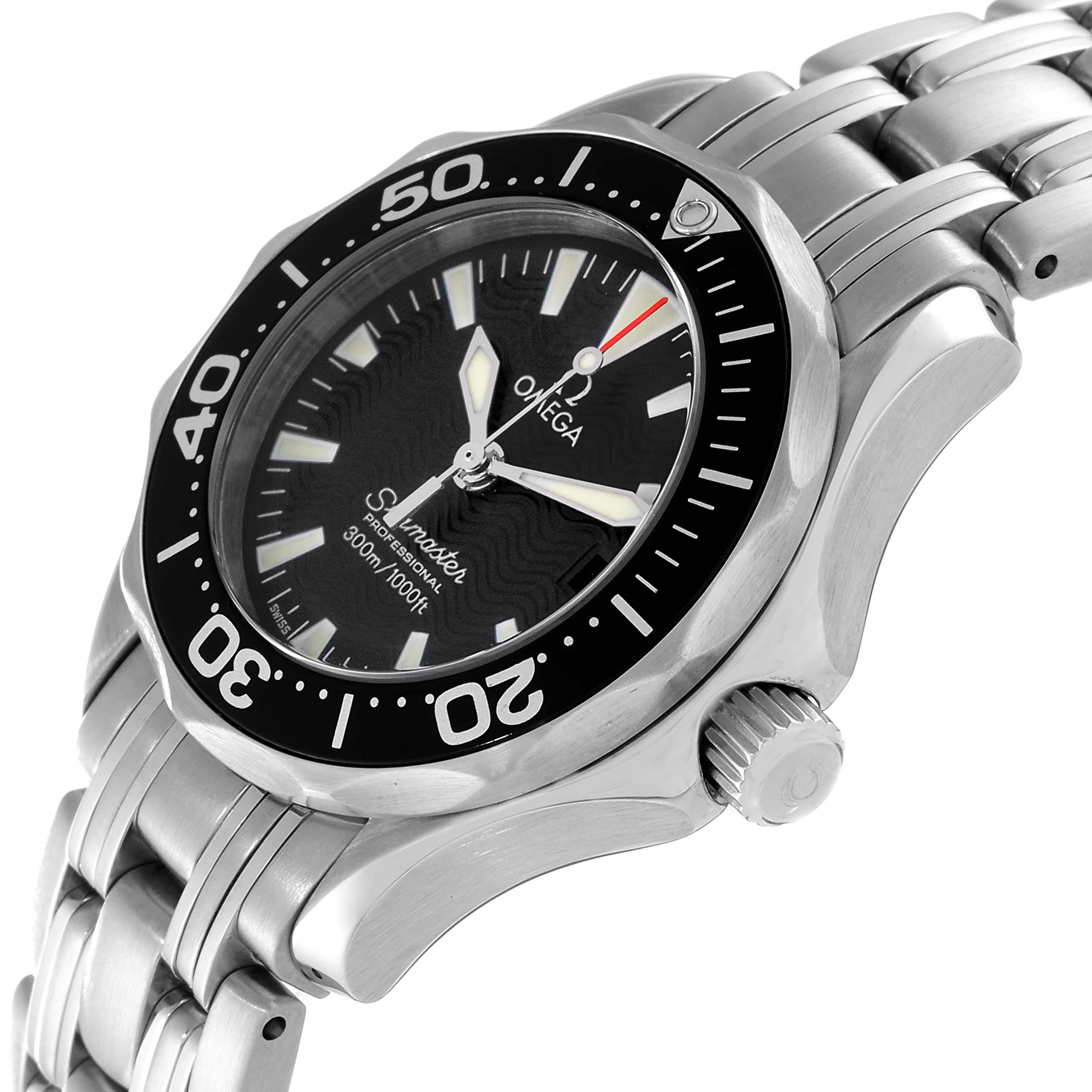 The image shows a side angle of the Omega 2282.50.00 Women's Stainless Steel Black Dial 2282.50.00 Women's Stainless Steel Black Dial Seamaster Diver 300M Quartz 28mm Steel Ladies Watch 2282.50.00, highlighting the case and bracelet.