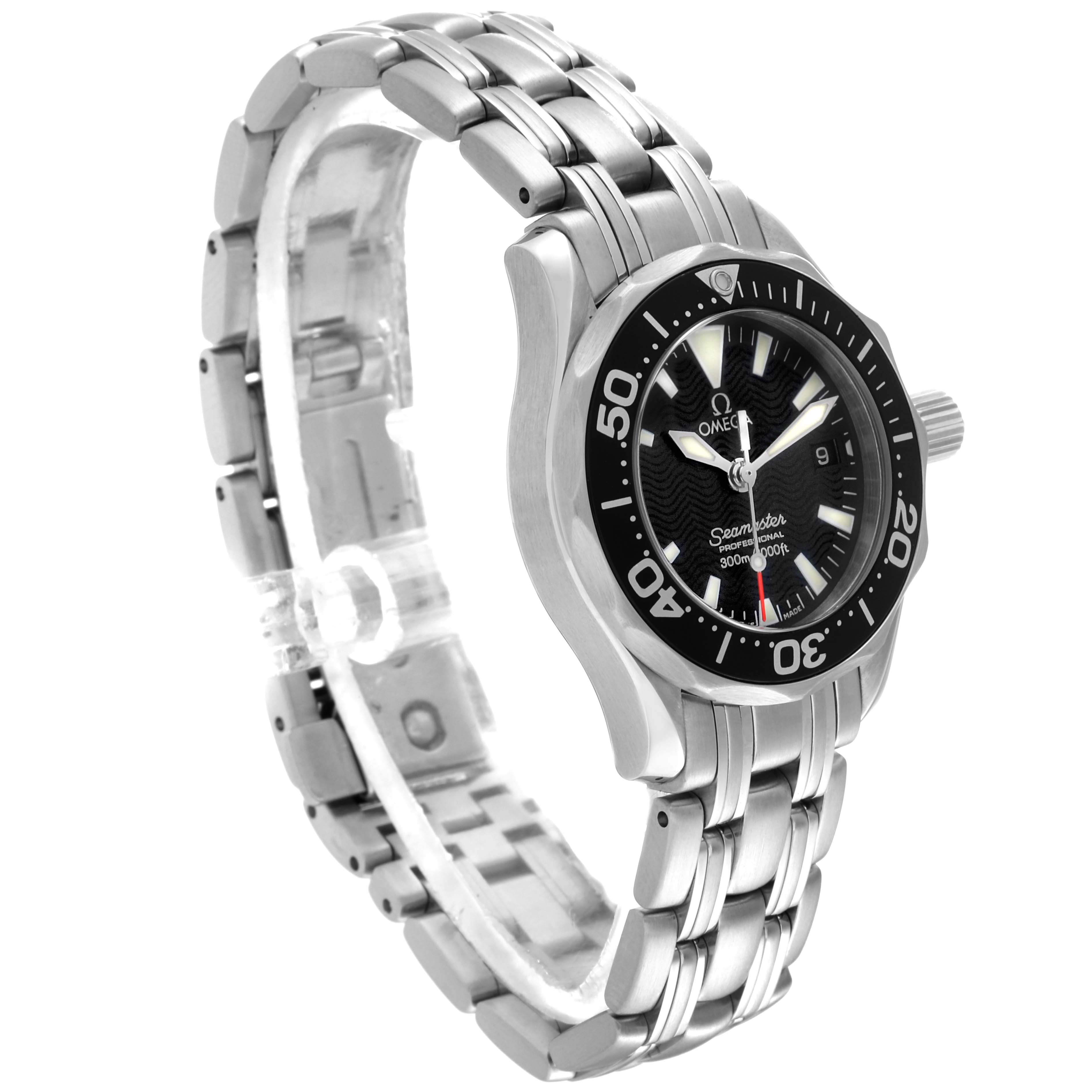 The Omega 2282.50.00 Women's Stainless Steel Black Dial 2282.50.00 Women's Stainless Steel Black Dial Seamaster Diver 300M Quartz 28mm Steel Ladies Watch 2282.50.00 is shown at a frontal left-side angle, highlighting the face and bracelet.