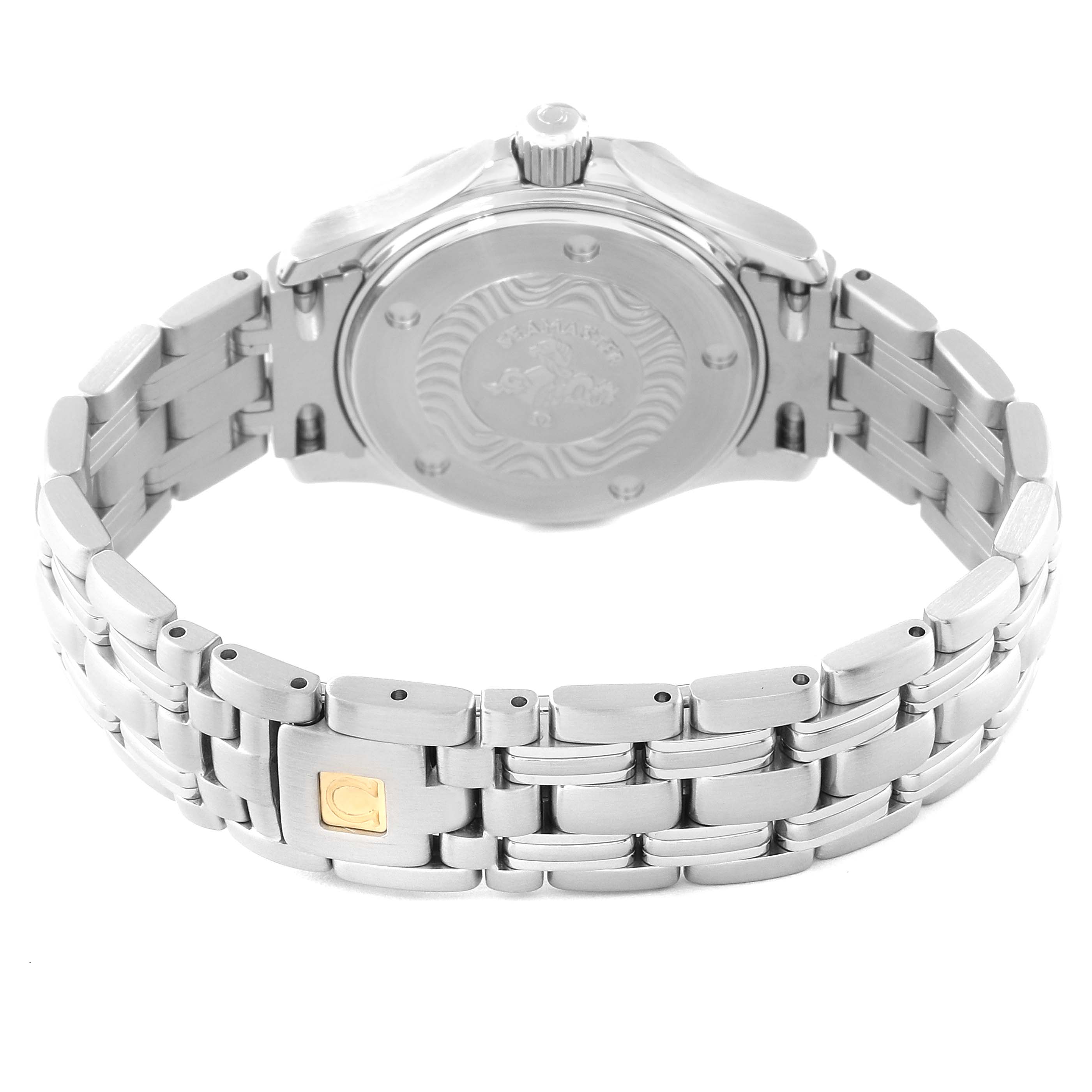 This image shows the back view of the Omega 2282.50.00 Women's Stainless Steel Black Dial 2282.50.00 Women's Stainless Steel Black Dial Seamaster Diver 300M Quartz 28mm Steel Ladies Watch model 2282.50.00, highlighting the bracelet and case back.