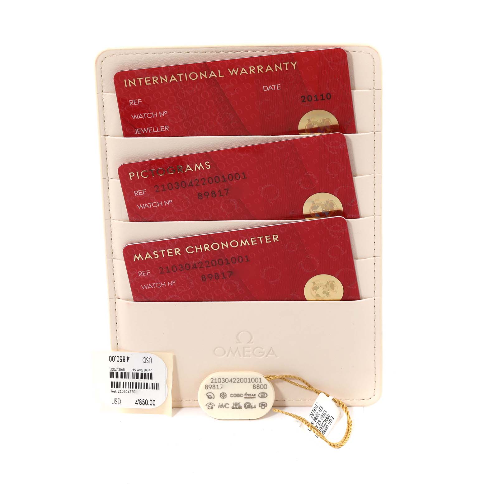 The image shows the warranty cards and tags for an Omega Seamaster 210.30.42.20.01.001 Men
s Stainless Steel Black Dial 210.30.42.20.01.001 Men
s Stainless Steel Black Dial watch.