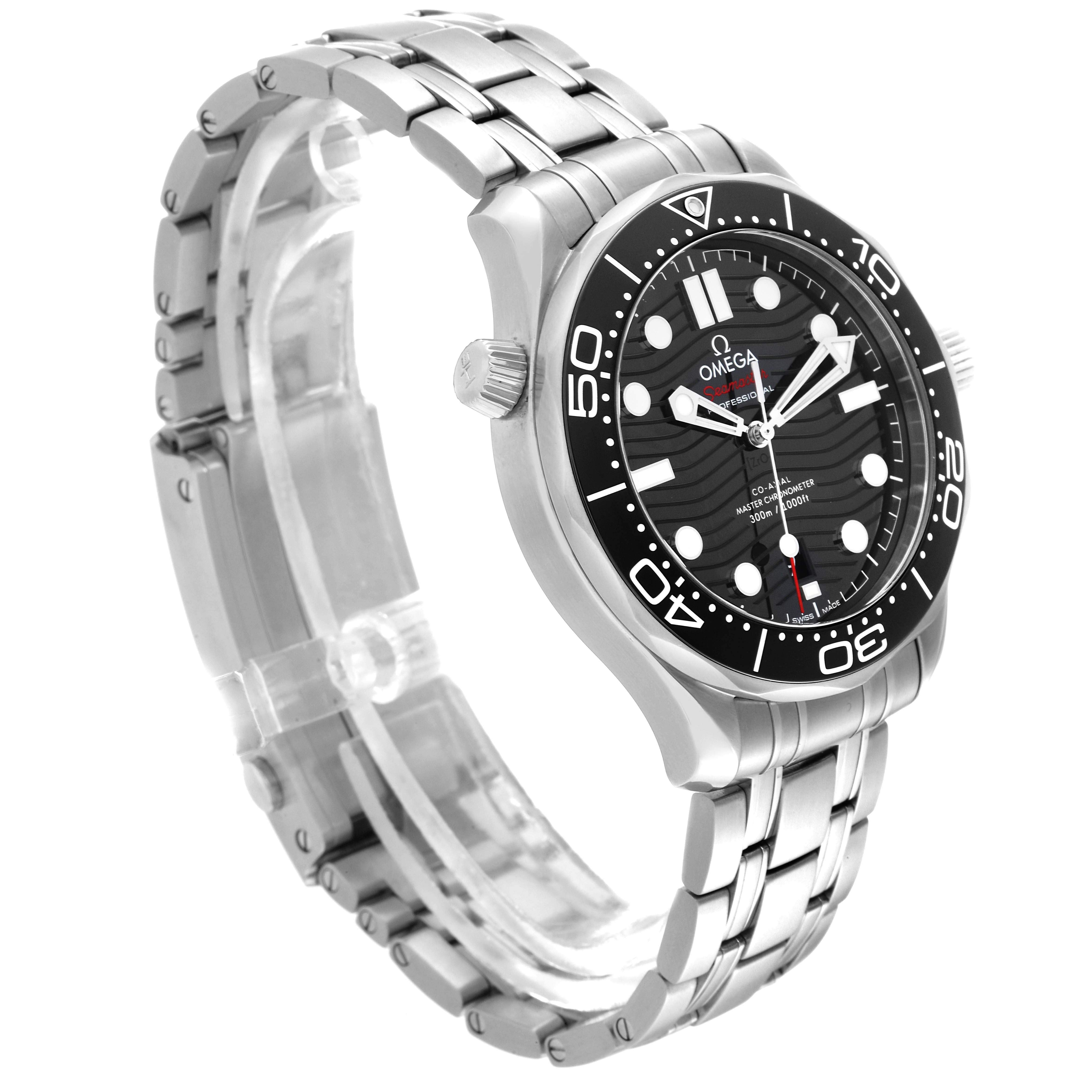 The image shows a side and front angle of the Omega Seamaster 210.30.42.20.01.001 Men
s Stainless Steel Black Dial 210.30.42.20.01.001 Men
s Stainless Steel Black Dial watch, highlighting the bracelet and bezel.