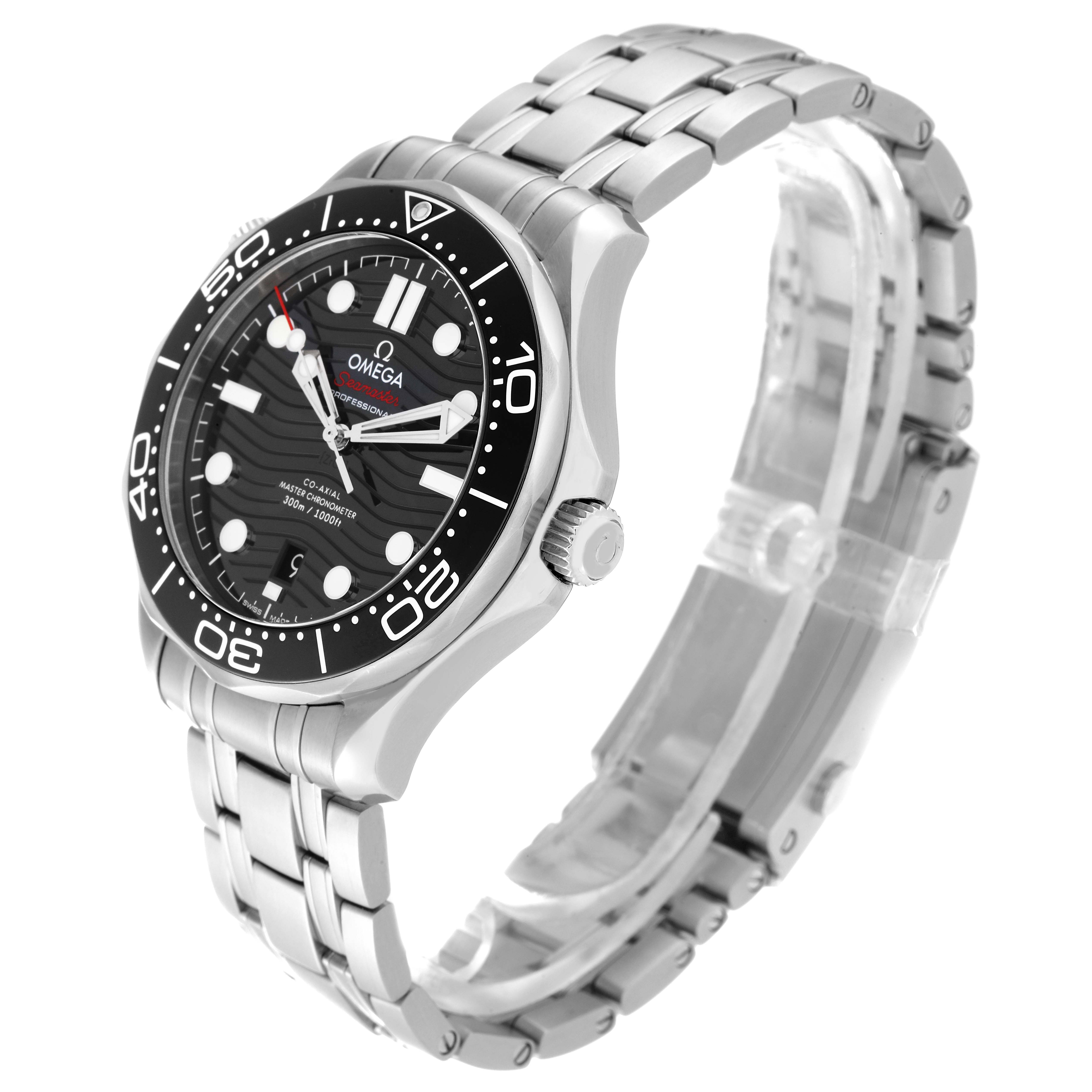 The Omega Seamaster 210.30.42.20.01.001 Men
s Stainless Steel Black Dial 210.30.42.20.01.001 Men
s Stainless Steel Black Dial model watch is shown at a front-left angle displaying its face, bezel, crown, and stainless steel bracelet.
