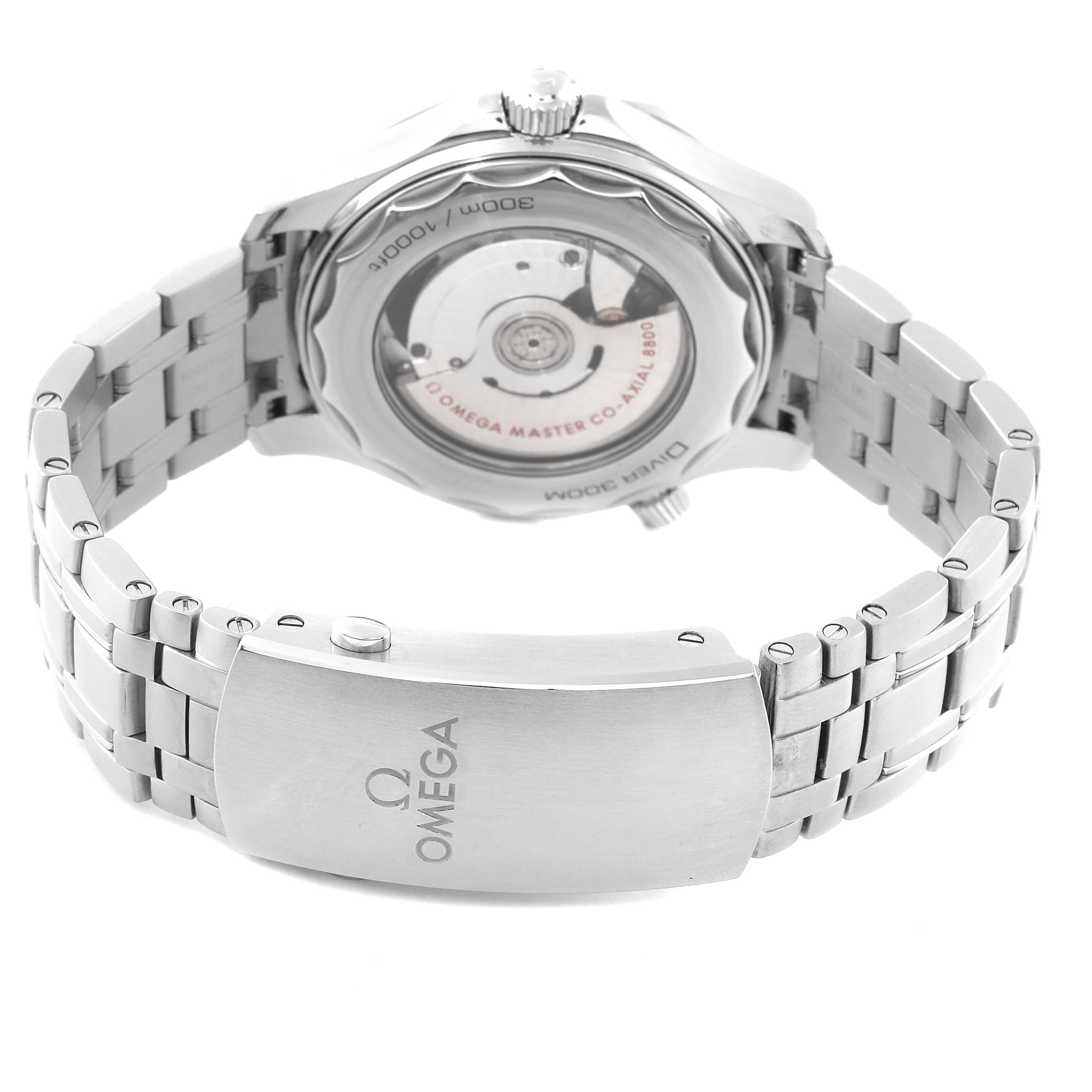 The image shows the back view of an Omega Seamaster 210.30.42.20.01.001 Men
s Stainless Steel Black Dial 210.30.42.20.01.001 Men
s Stainless Steel Black Dial watch, highlighting its clasp and open case back.