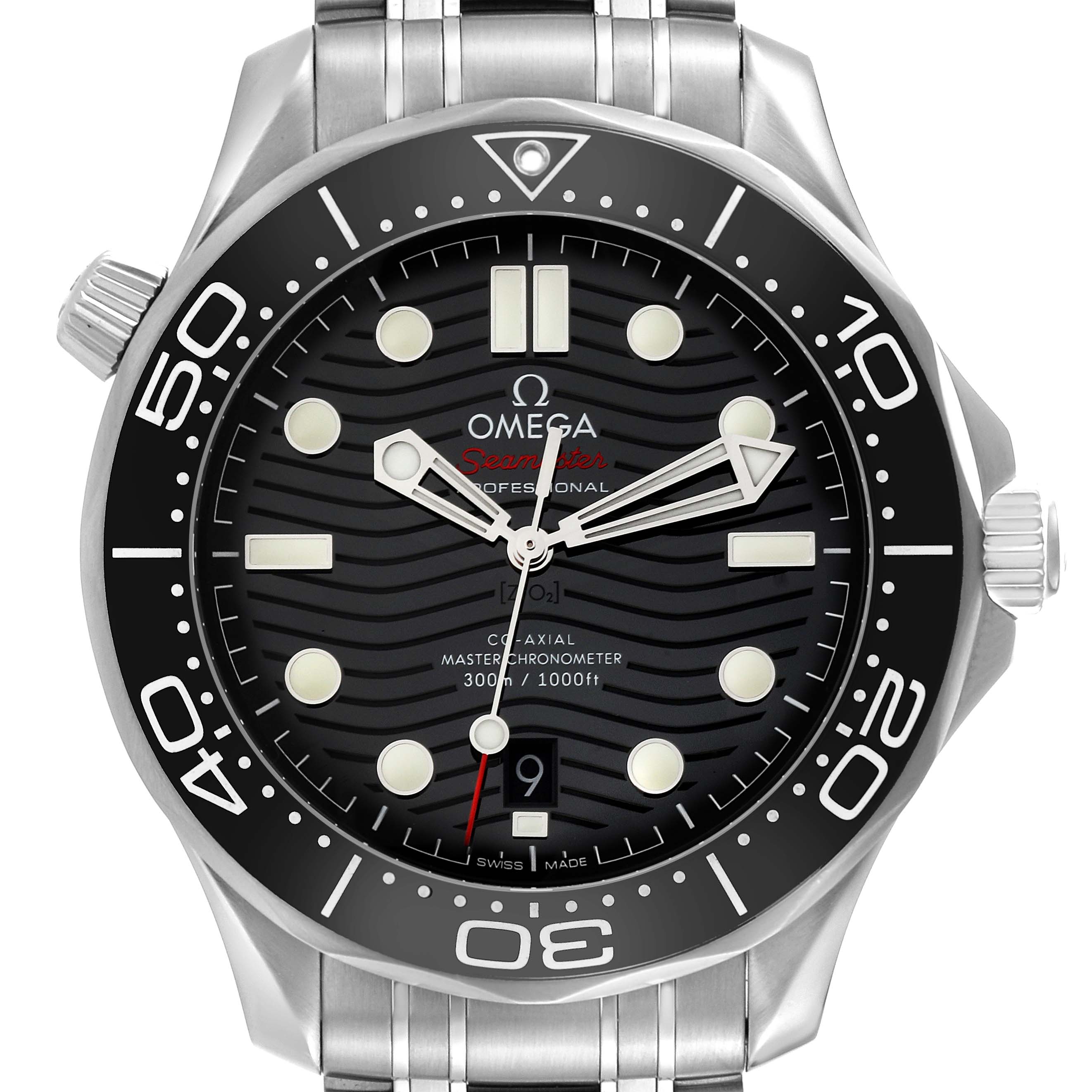 The image shows a frontal view of an Omega Seamaster 210.30.42.20.01.001 Men
s Stainless Steel Black Dial 210.30.42.20.01.001 Men
s Stainless Steel Black Dial watch, displaying the dial, bezel, and part of the stainless steel bracelet.