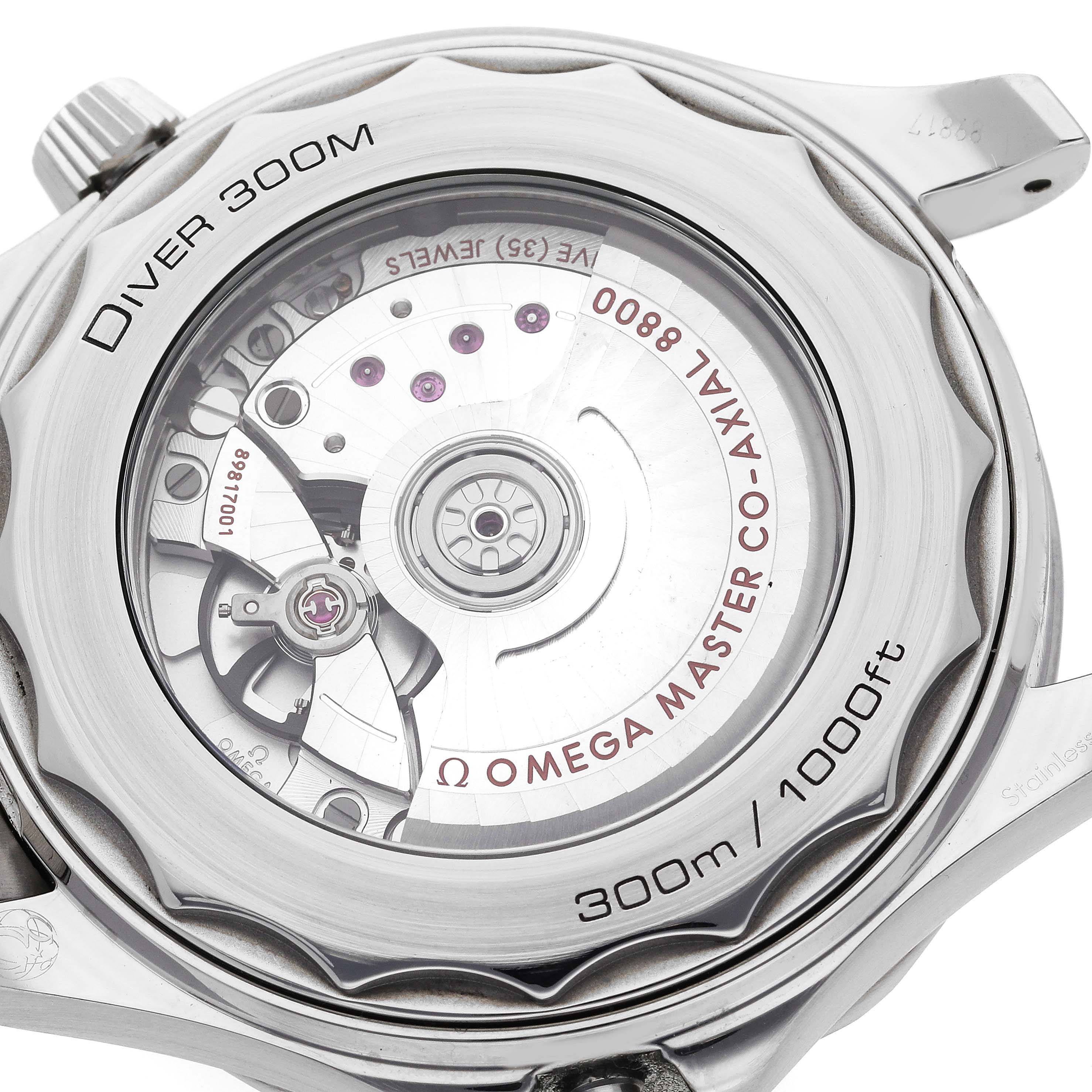 The image shows the case back of an Omega Seamaster 210.30.42.20.01.001 Men
s Stainless Steel Black Dial 210.30.42.20.01.001 Men
s Stainless Steel Black Dial watch, revealing its internal movement with "Diver 300M" and "Omega Master Co-Axial" inscriptions.