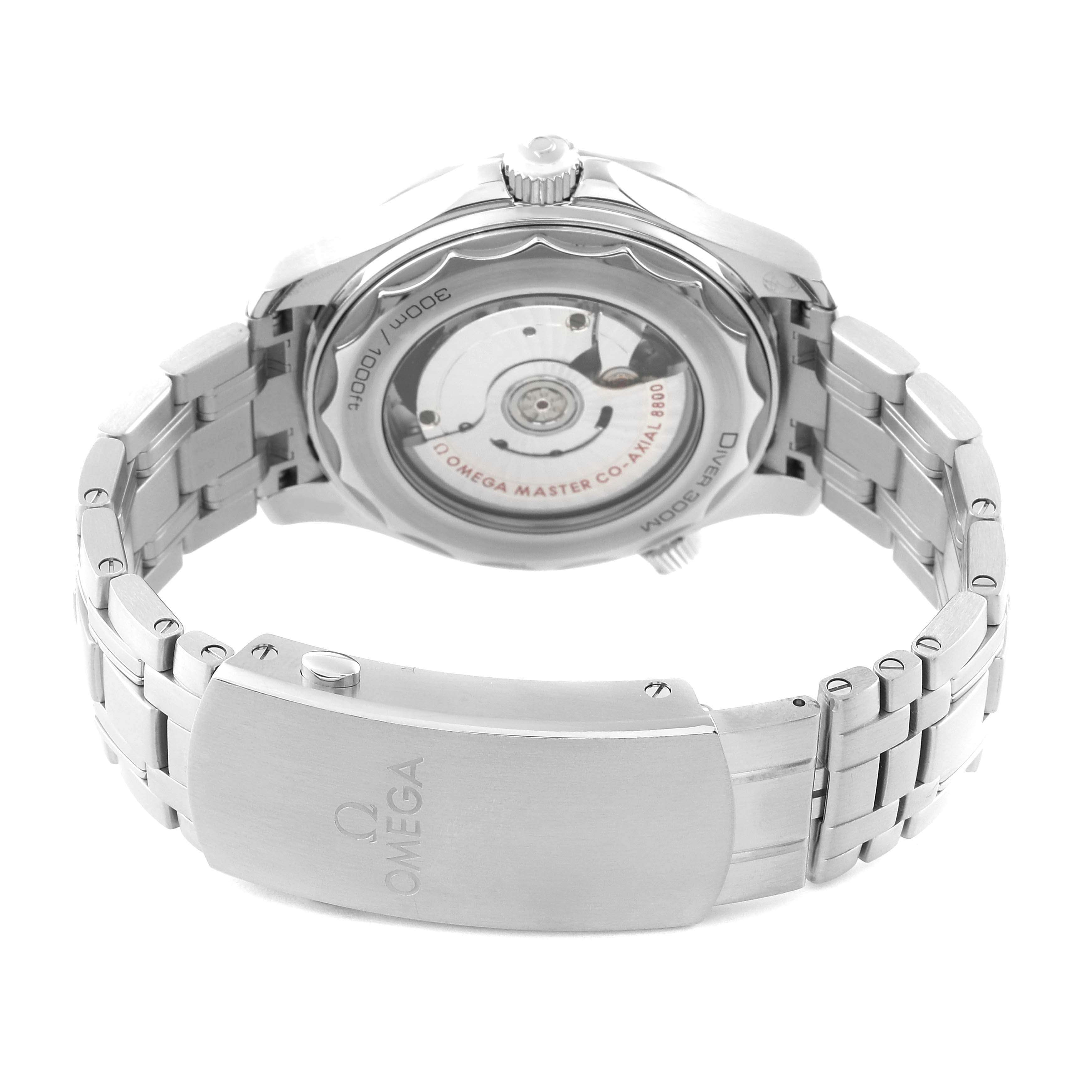 The image shows the Omega Seamaster 210.30.42.20.03.001 Men
s Stainless Steel Blue Dial 210.30.42.20.03.001 Men
s Stainless Steel Blue Dial watch from a rear angle, highlighting the case back, movement, and bracelet.