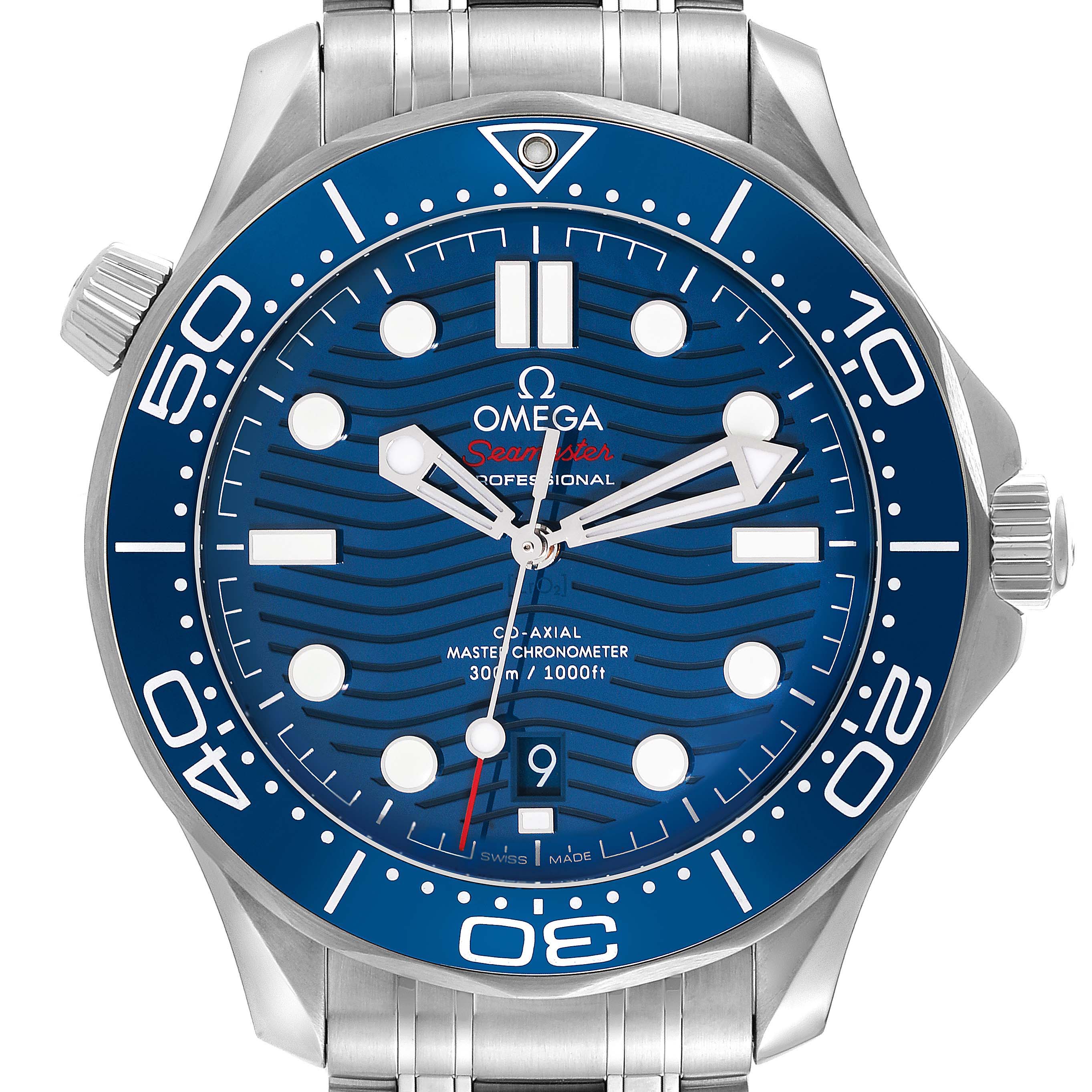 The Omega Seamaster 210.30.42.20.03.001 Men
s Stainless Steel Blue Dial 210.30.42.20.03.001 Men
s Stainless Steel Blue Dial watch is shown from the front, highlighting the dial, hands, bezel, and part of the bracelet.