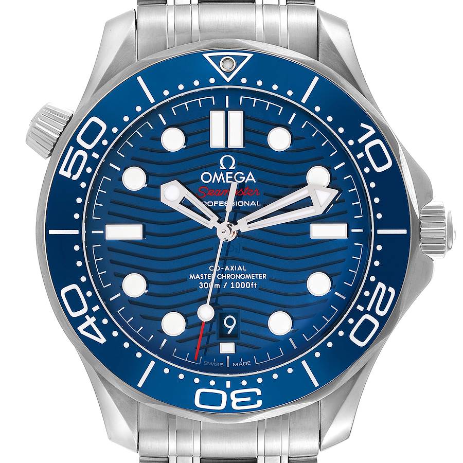 The Omega Seamaster watch is shown from the front, highlighting the dial, hands, bezel, and part of the bracelet.