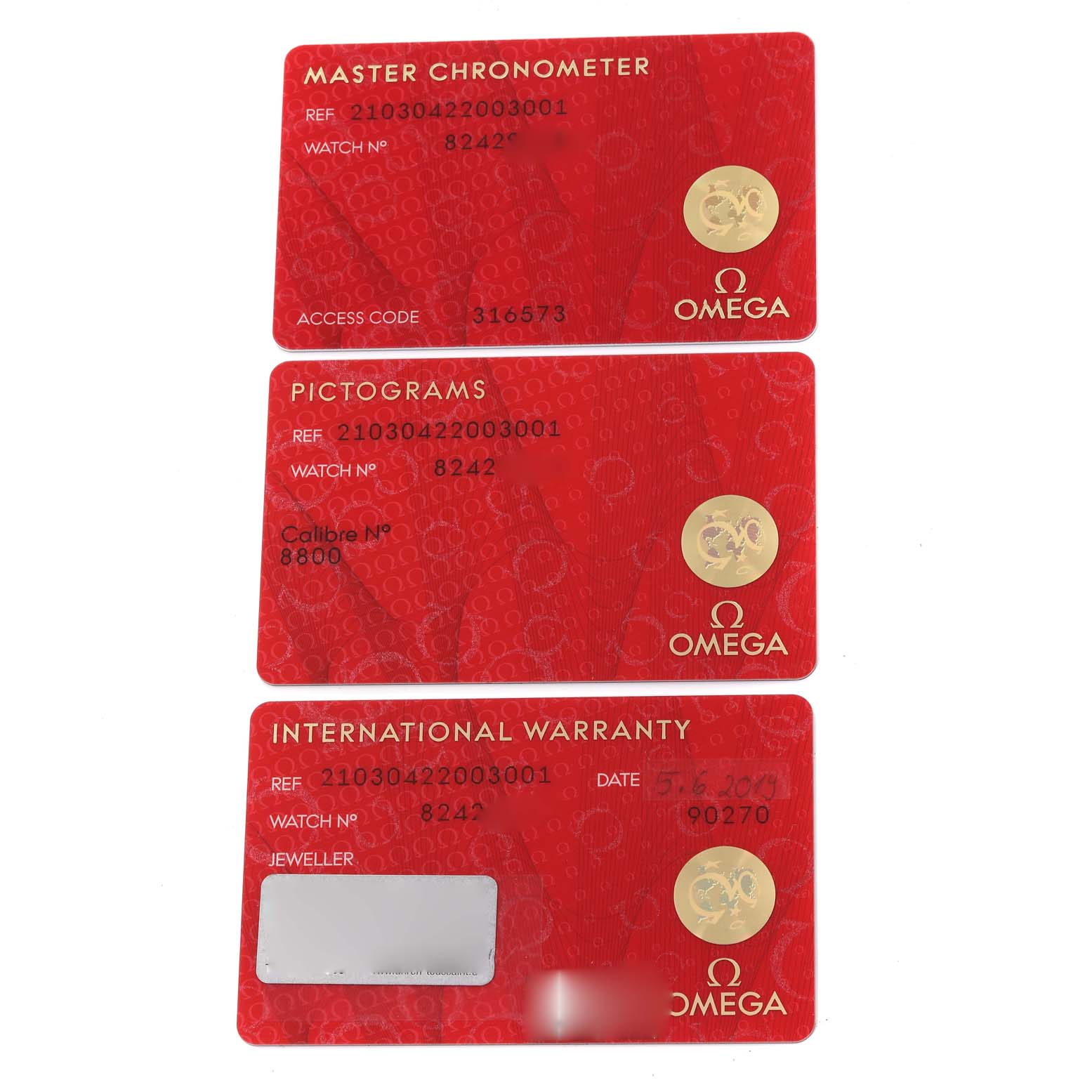 The image shows three red cards for an Omega Seamaster 210.30.42.20.03.001 Men
s Stainless Steel Blue Dial 210.30.42.20.03.001 Men
s Stainless Steel Blue Dial watch: a Master Chronometer card, a Pictograms card, and an International Warranty card.