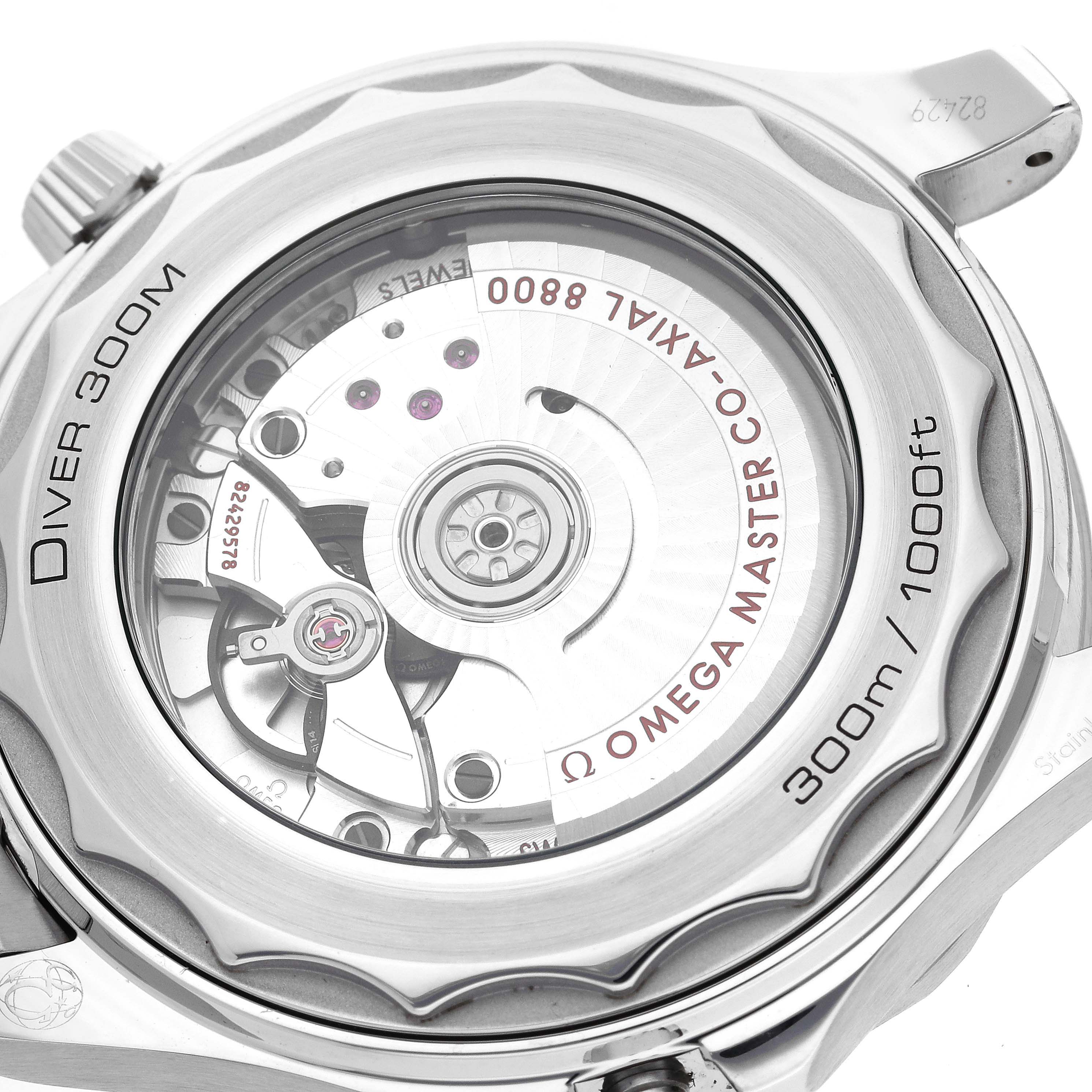 The image shows the back view of the Omega Seamaster 210.30.42.20.03.001 Men
s Stainless Steel Blue Dial 210.30.42.20.03.001 Men
s Stainless Steel Blue Dial 300M watch, revealing its mechanical movement and case details.