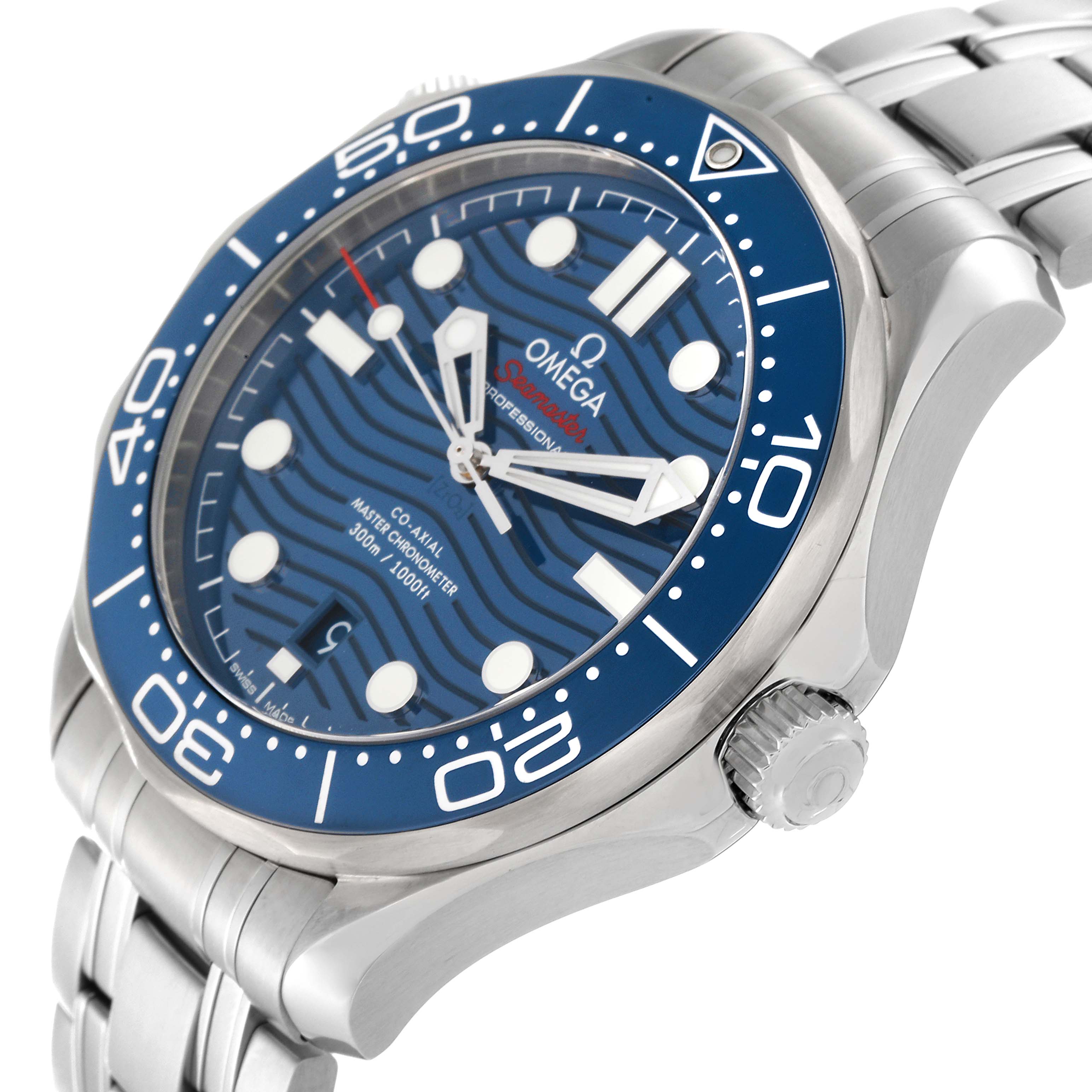This image shows an angled close-up of the Omega Seamaster 210.30.42.20.03.001 Men
s Stainless Steel Blue Dial 210.30.42.20.03.001 Men
s Stainless Steel Blue Dial watch, featuring its dial, bezel, crown, and part of the bracelet.