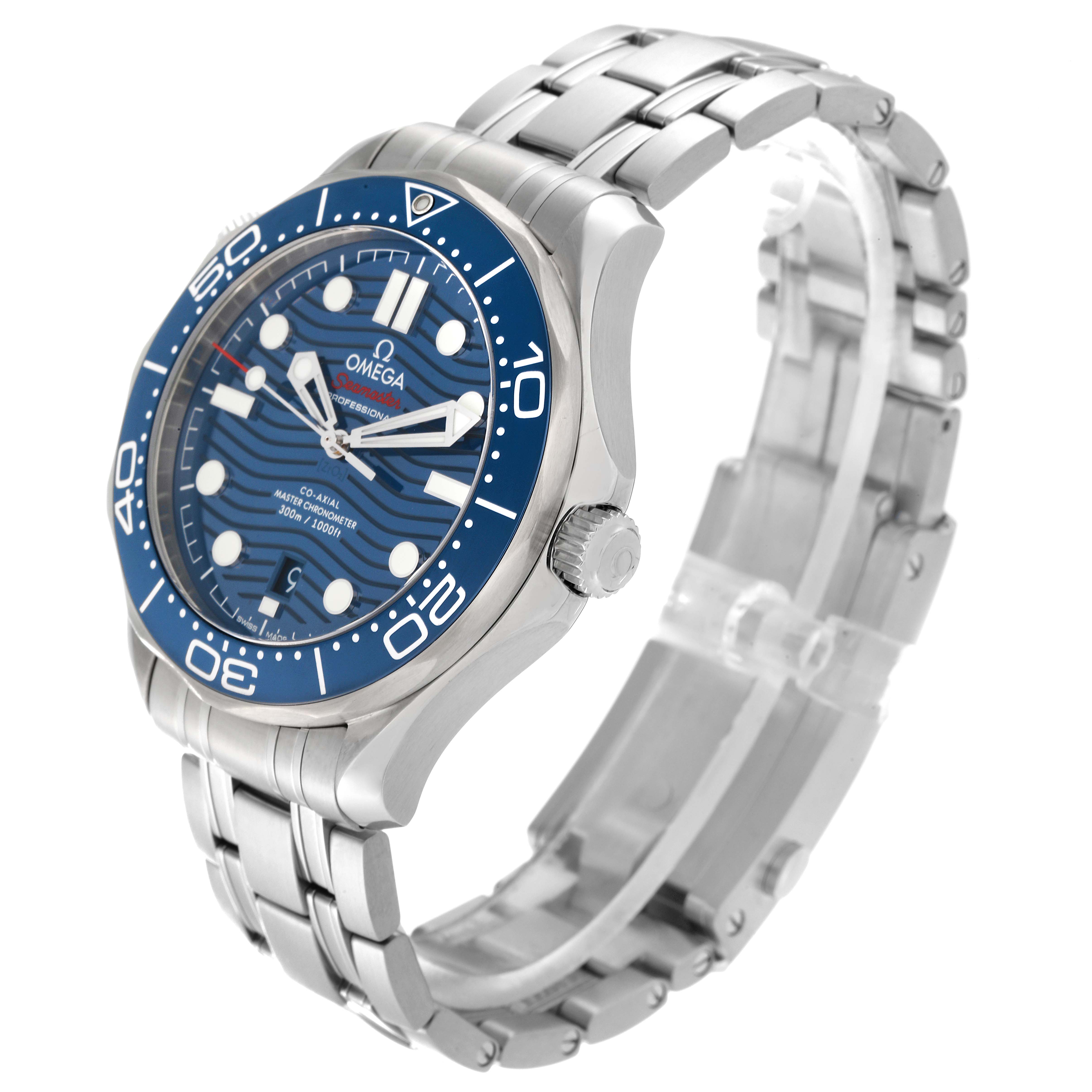 The Omega Seamaster 210.30.42.20.03.001 Men
s Stainless Steel Blue Dial 210.30.42.20.03.001 Men
s Stainless Steel Blue Dial watch is shown at an angle displaying the face, bezel, and part of the metal bracelet.