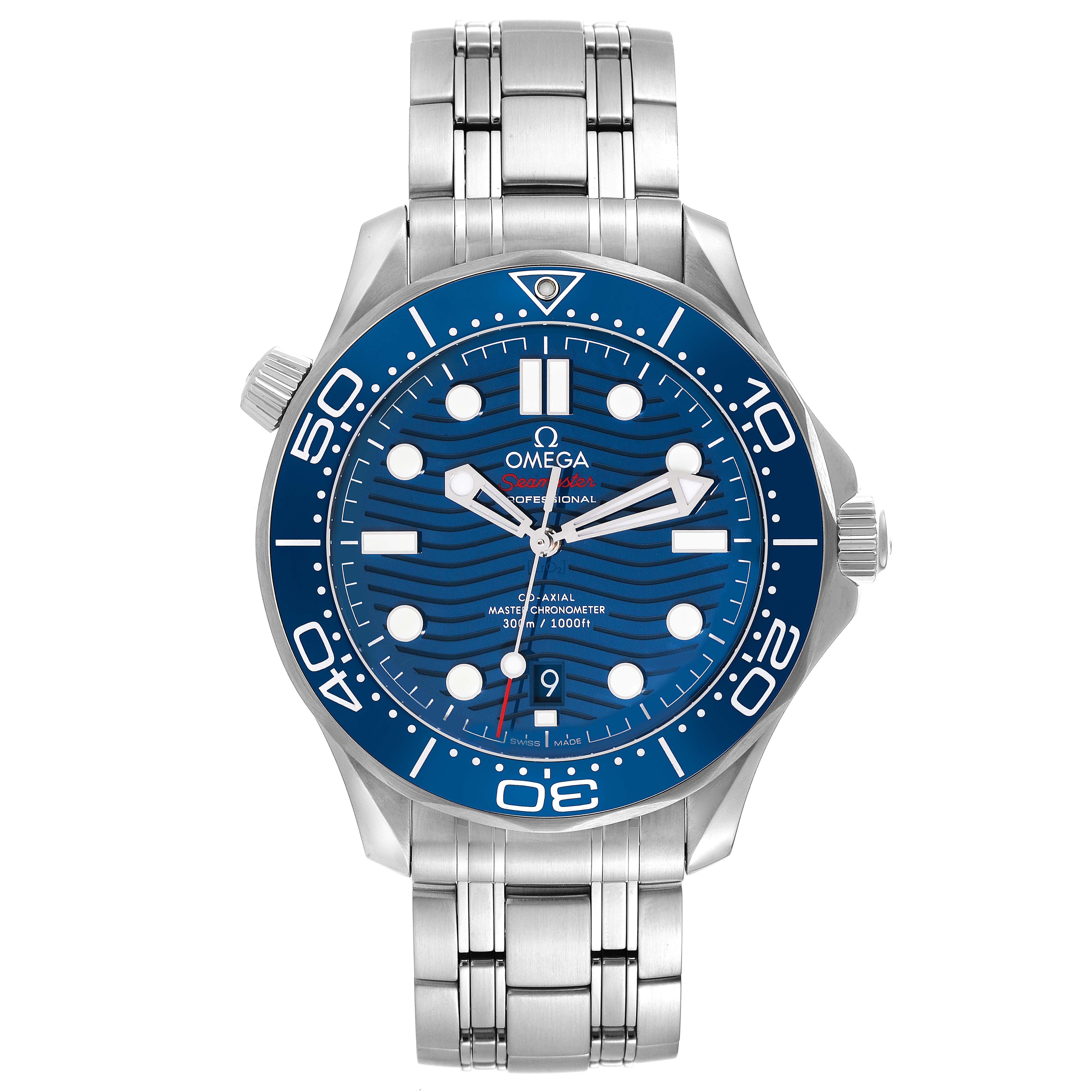 The image shows a front view of the Omega Seamaster 210.30.42.20.03.001 Men
s Stainless Steel Blue Dial 210.30.42.20.03.001 Men
s Stainless Steel Blue Dial watch, highlighting its blue dial, stainless steel bracelet, and bezel.