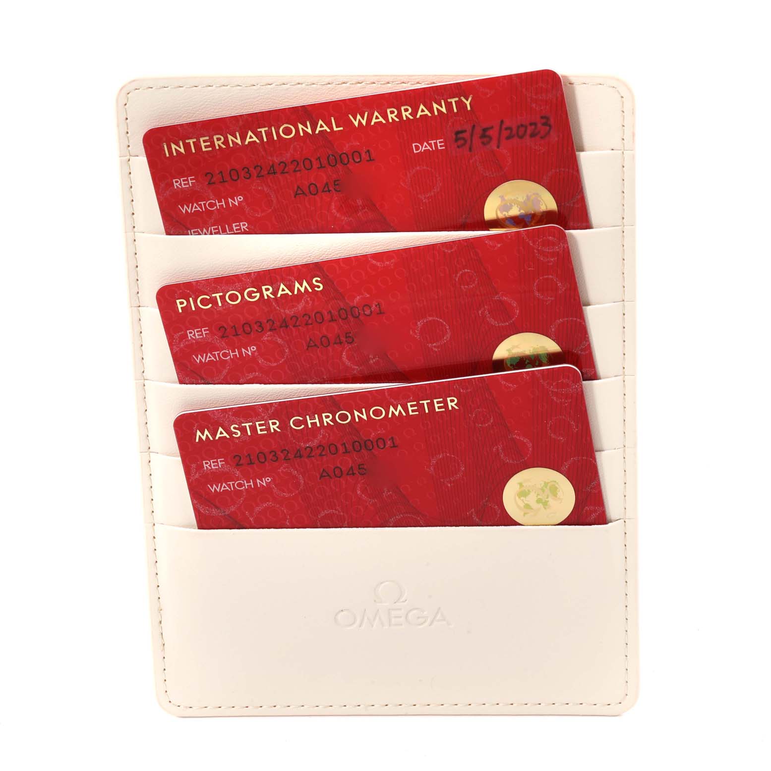 The image shows warranty and certification cards for the Omega Seamaster 210.32.42.20.10.001 Men's Stainless Steel Green Dial 210.32.42.20.10.001 Men's Stainless Steel Green Dial model in a white cardholder.