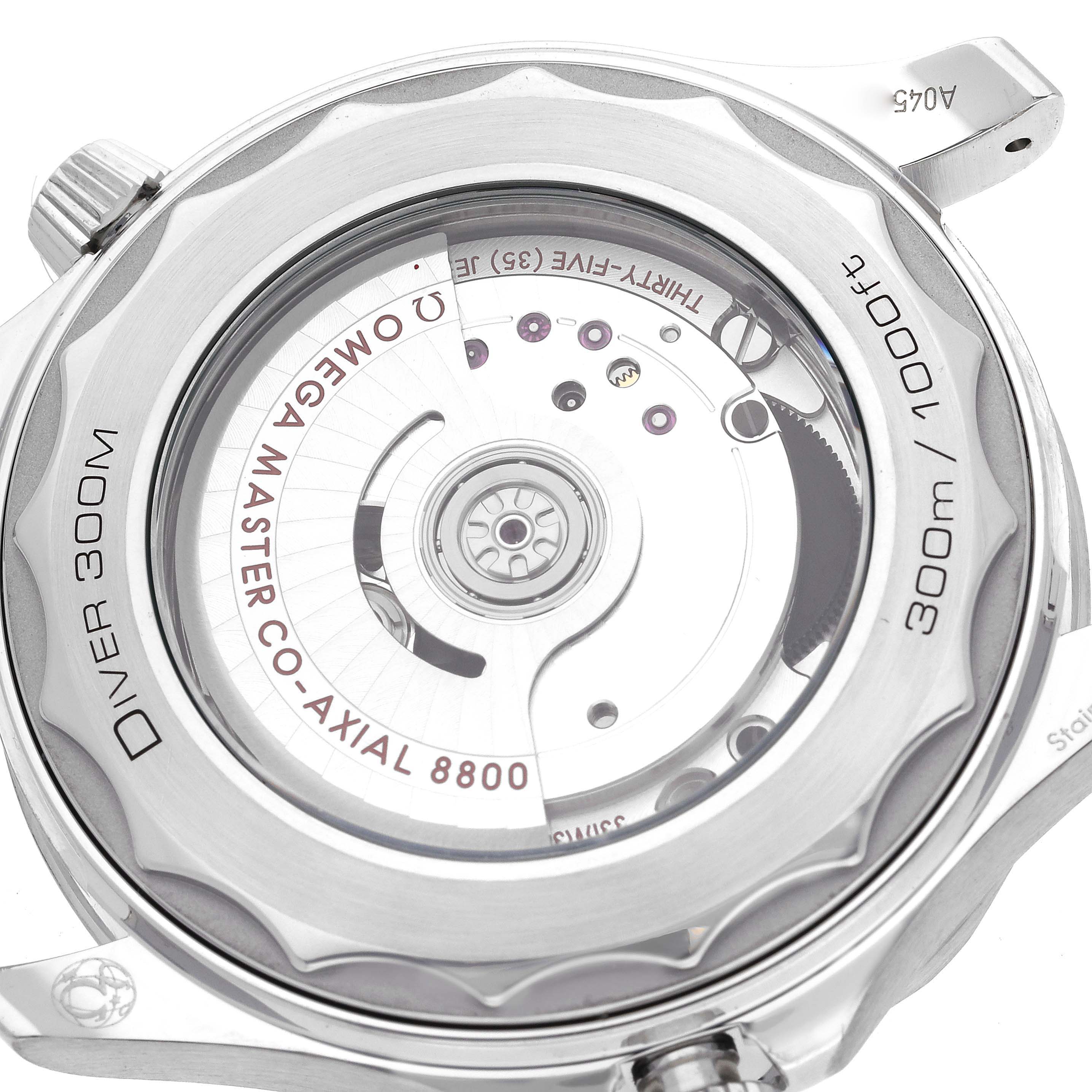 The image shows the case back and internal mechanism of an Omega Seamaster 210.32.42.20.10.001 Men's Stainless Steel Green Dial 210.32.42.20.10.001 Men's Stainless Steel Green Dial Diver 300m Co-Axial Master Chronometer 8800.