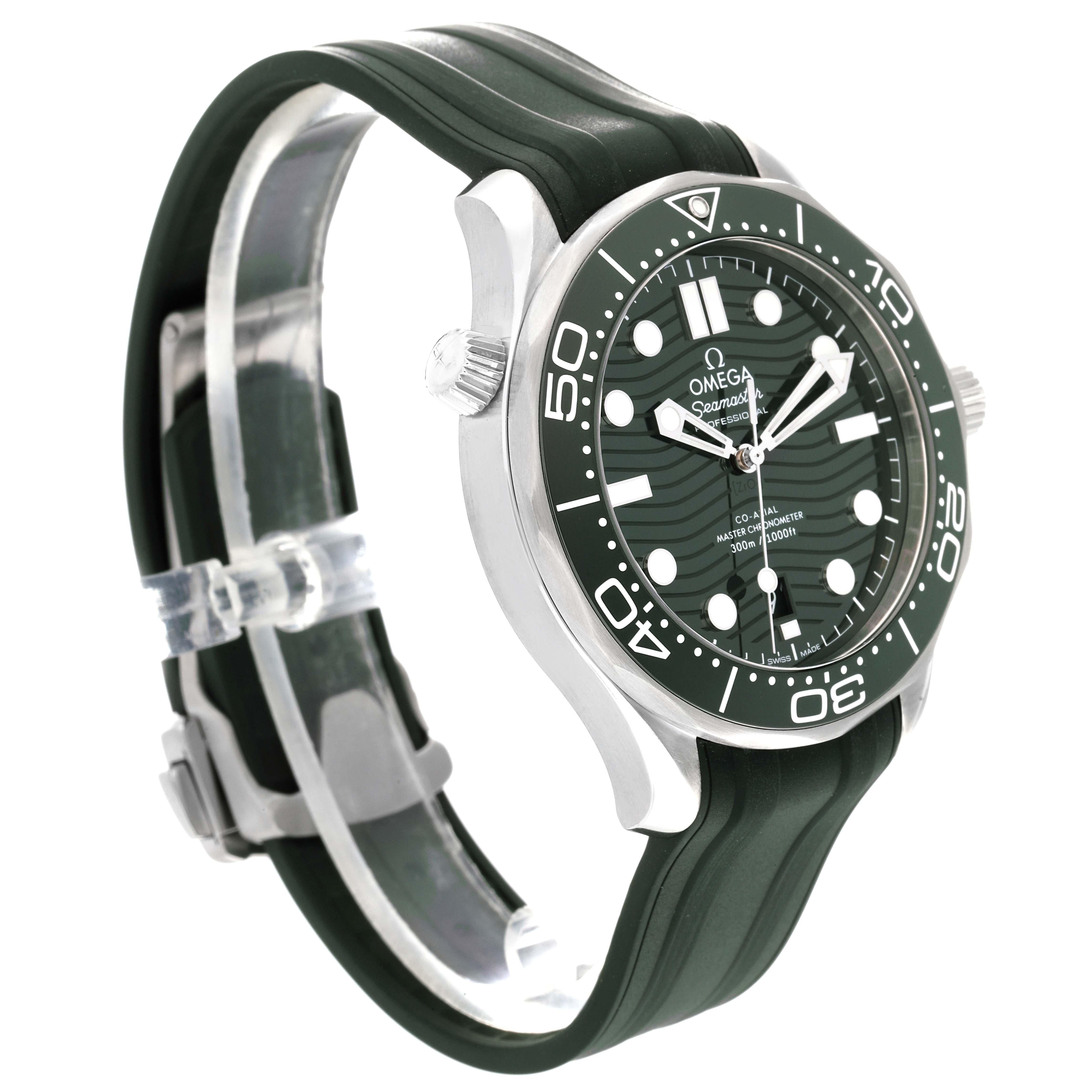 The image shows an angled view of the Omega Seamaster 210.32.42.20.10.001 Men's Stainless Steel Green Dial 210.32.42.20.10.001 Men's Stainless Steel Green Dial watch, highlighting the face, bezel, crown, and strap.