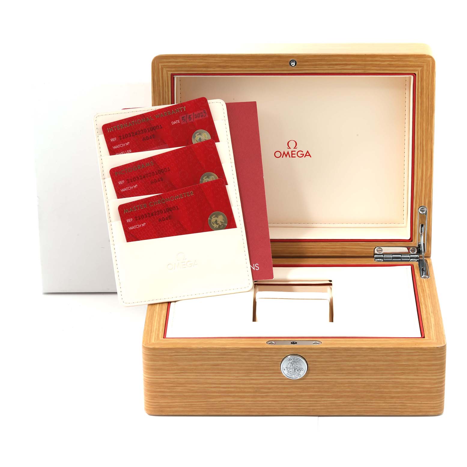 The image shows an open Omega Seamaster 210.32.42.20.10.001 Men's Stainless Steel Green Dial 210.32.42.20.10.001 Men's Stainless Steel Green Dial watch box with warranty cards and documentation inside.