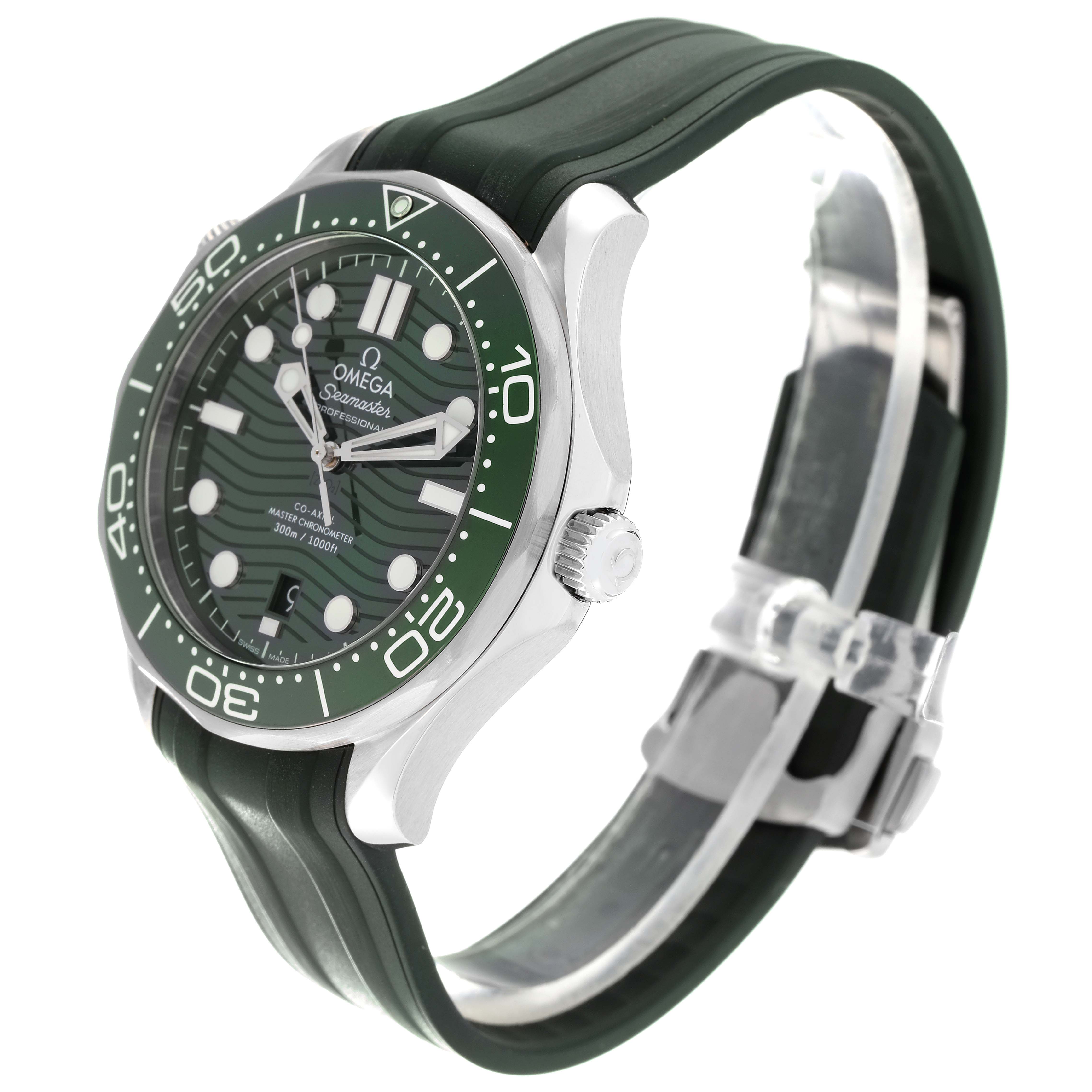 The Omega Seamaster 210.32.42.20.10.001 Men's Stainless Steel Green Dial 210.32.42.20.10.001 Men's Stainless Steel Green Dial watch is shown from a three-quarter angle, highlighting its face, bezel, crown, and rubber strap.