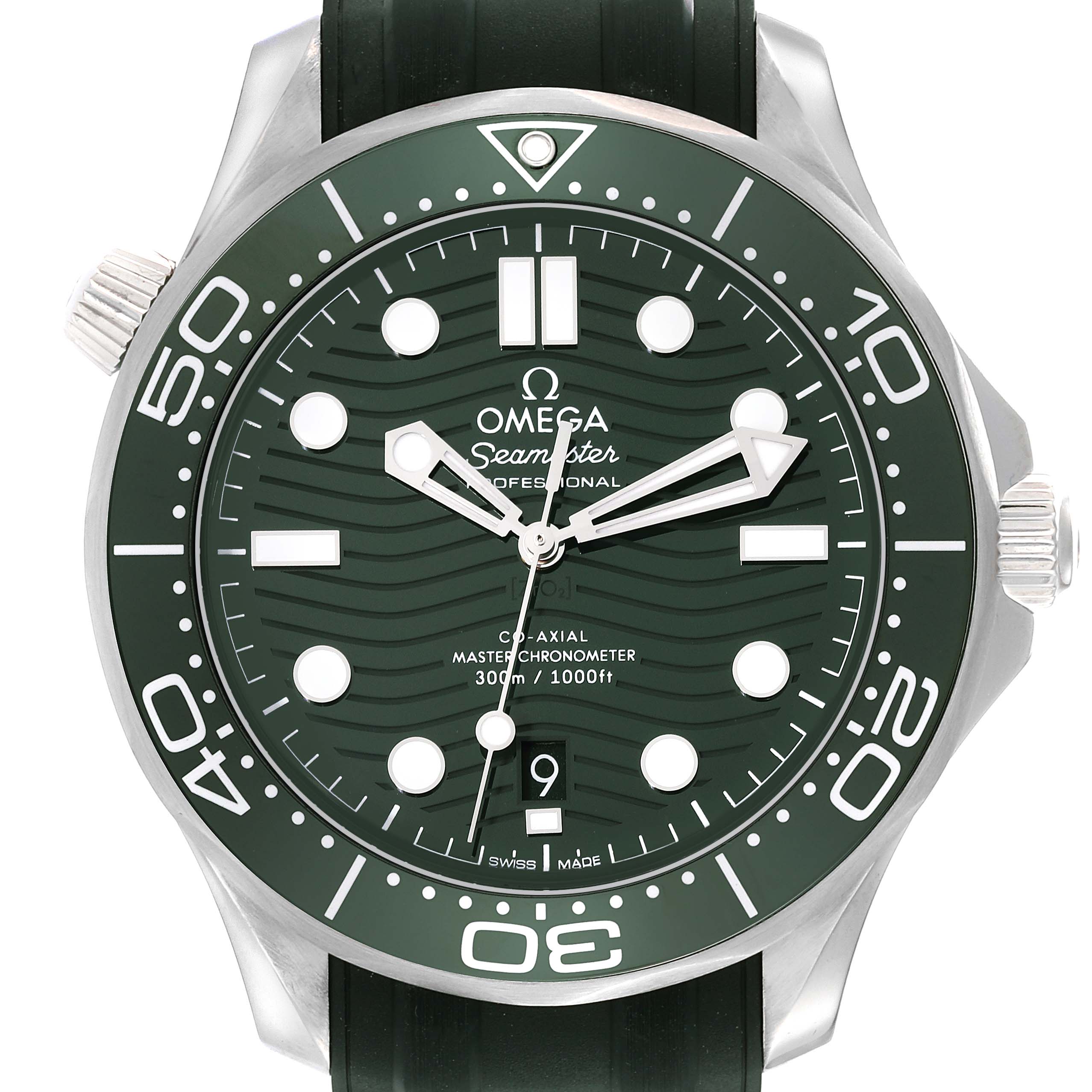This head-on view of the Omega Seamaster 210.32.42.20.10.001 Men's Stainless Steel Green Dial 210.32.42.20.10.001 Men's Stainless Steel Green Dial watch showcases the dial, bezel, hands, crown, and part of the strap.
