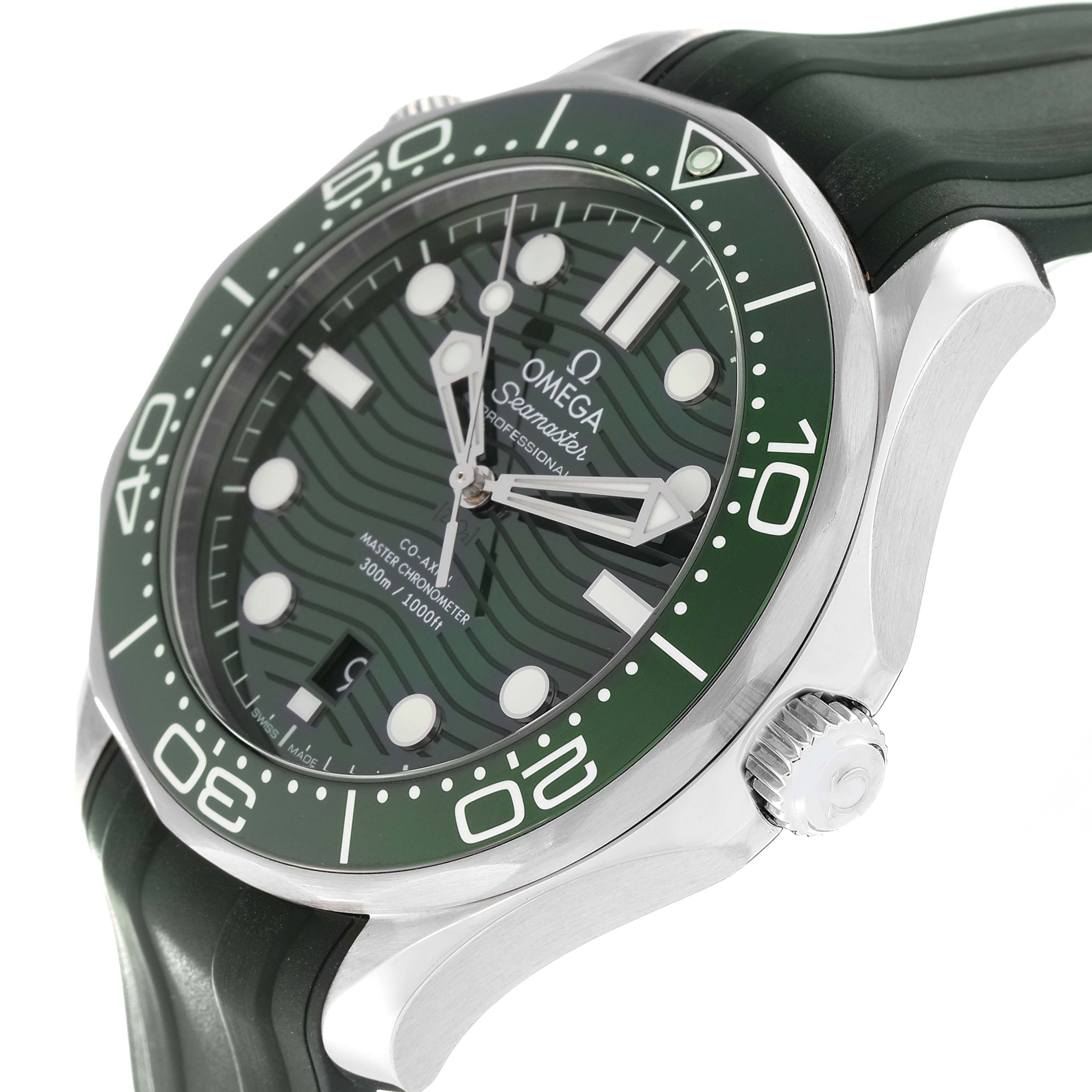 The image shows a side-angle view of the front of an Omega Seamaster 210.32.42.20.10.001 Men's Stainless Steel Green Dial 210.32.42.20.10.001 Men's Stainless Steel Green Dial watch with a green bezel and strap.