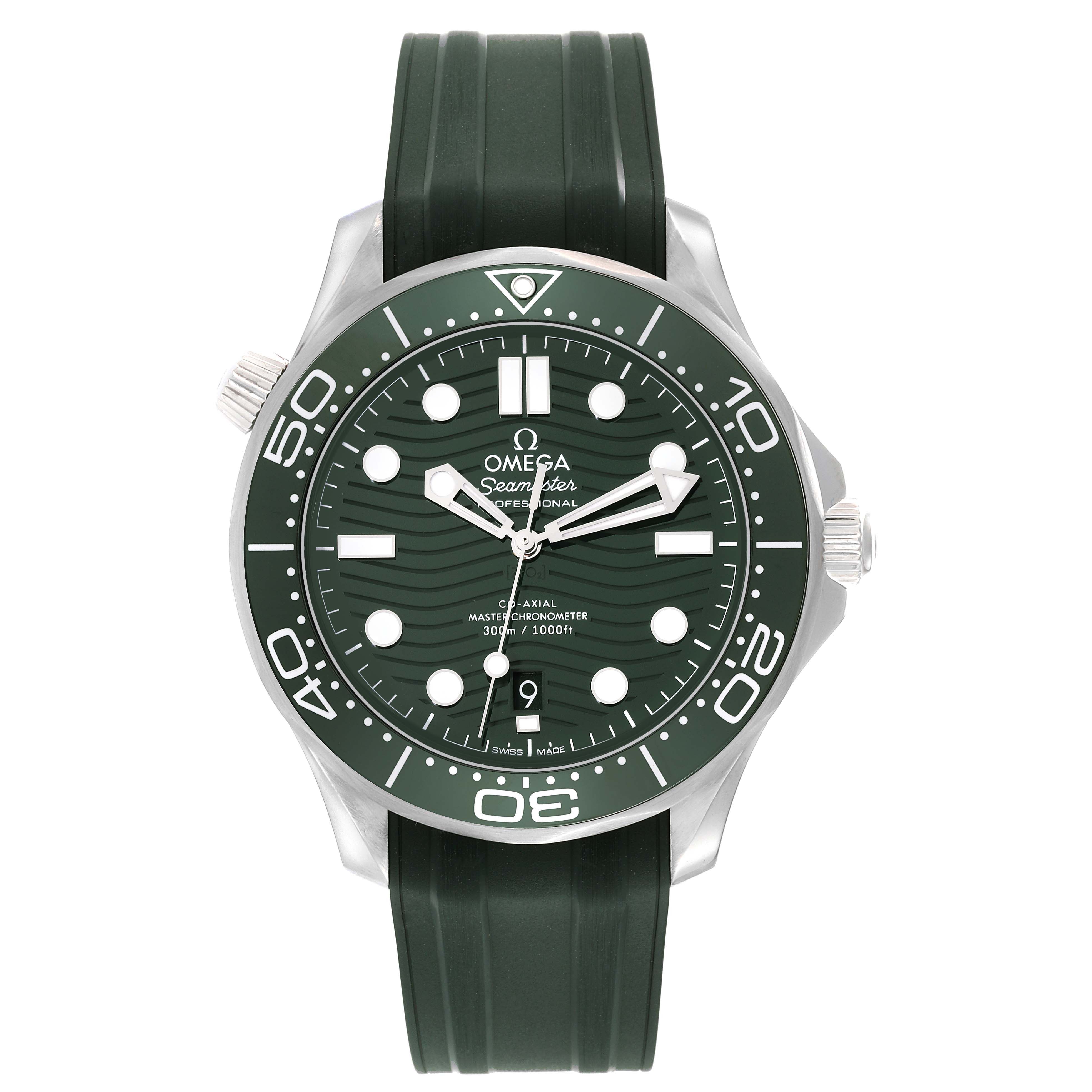 This image shows a front view of an Omega Seamaster 210.32.42.20.10.001 Men's Stainless Steel Green Dial 210.32.42.20.10.001 Men's Stainless Steel Green Dial watch with a green dial and strap, featuring a rotating bezel and date display.