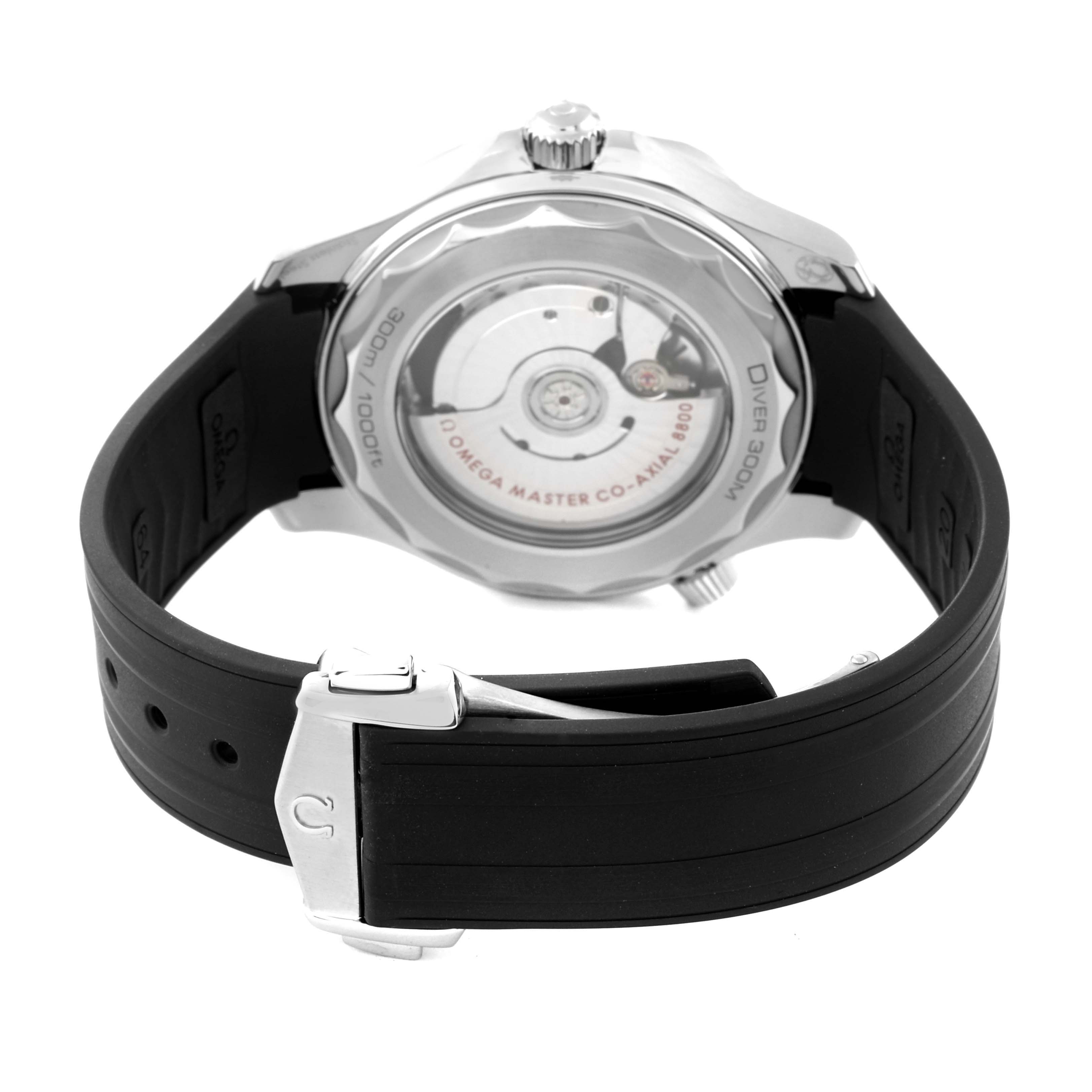 This image shows the back of an Omega Seamaster 210.32.42.20.10.001 Men's Stainless Steel Green Dial 210.32.42.20.10.001 Men's Stainless Steel Green Dial watch, highlighting its movement and black rubber strap.